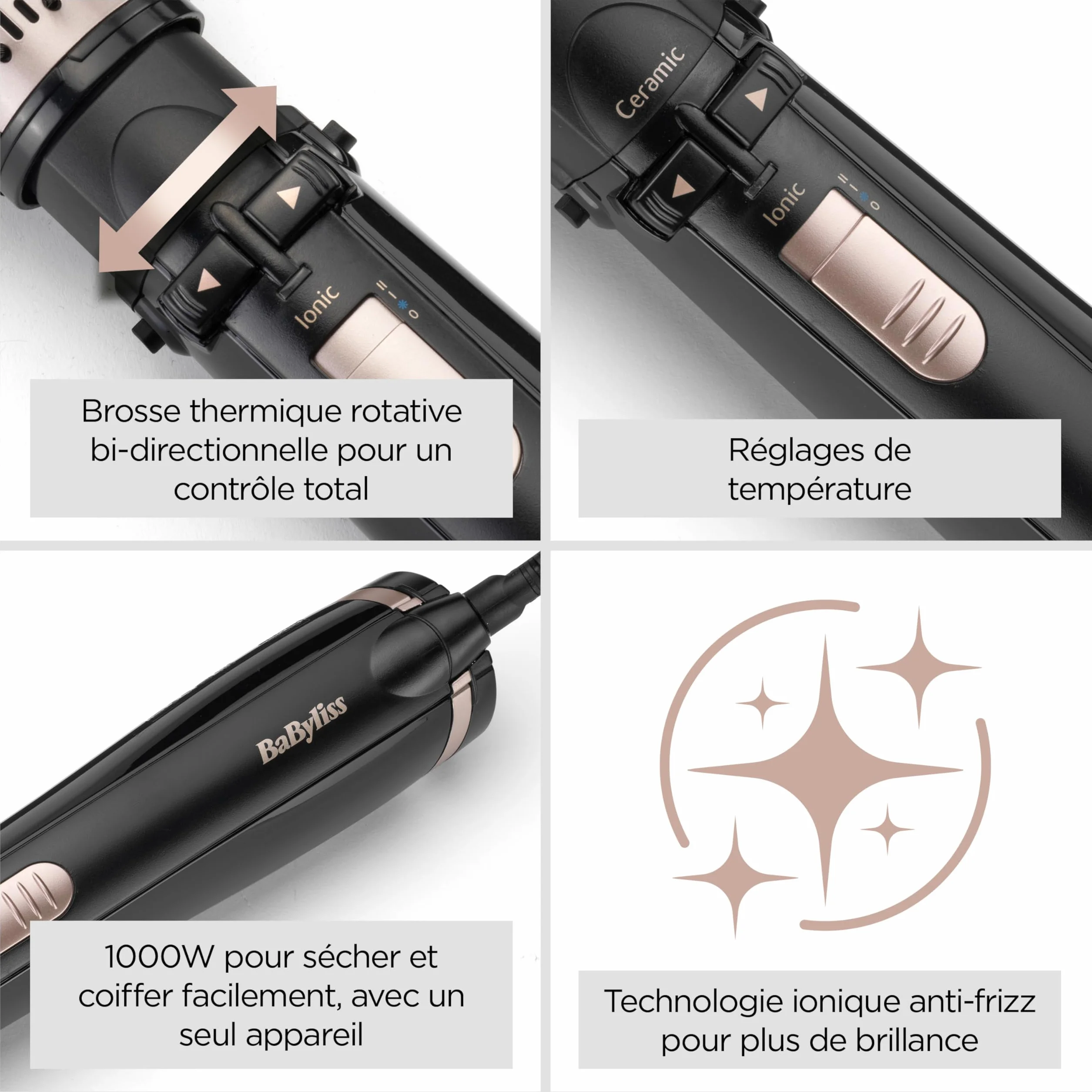 BaByliss AS200E Brosse soufflante rotative ionique sèche lisse style 4 accessoires Noir