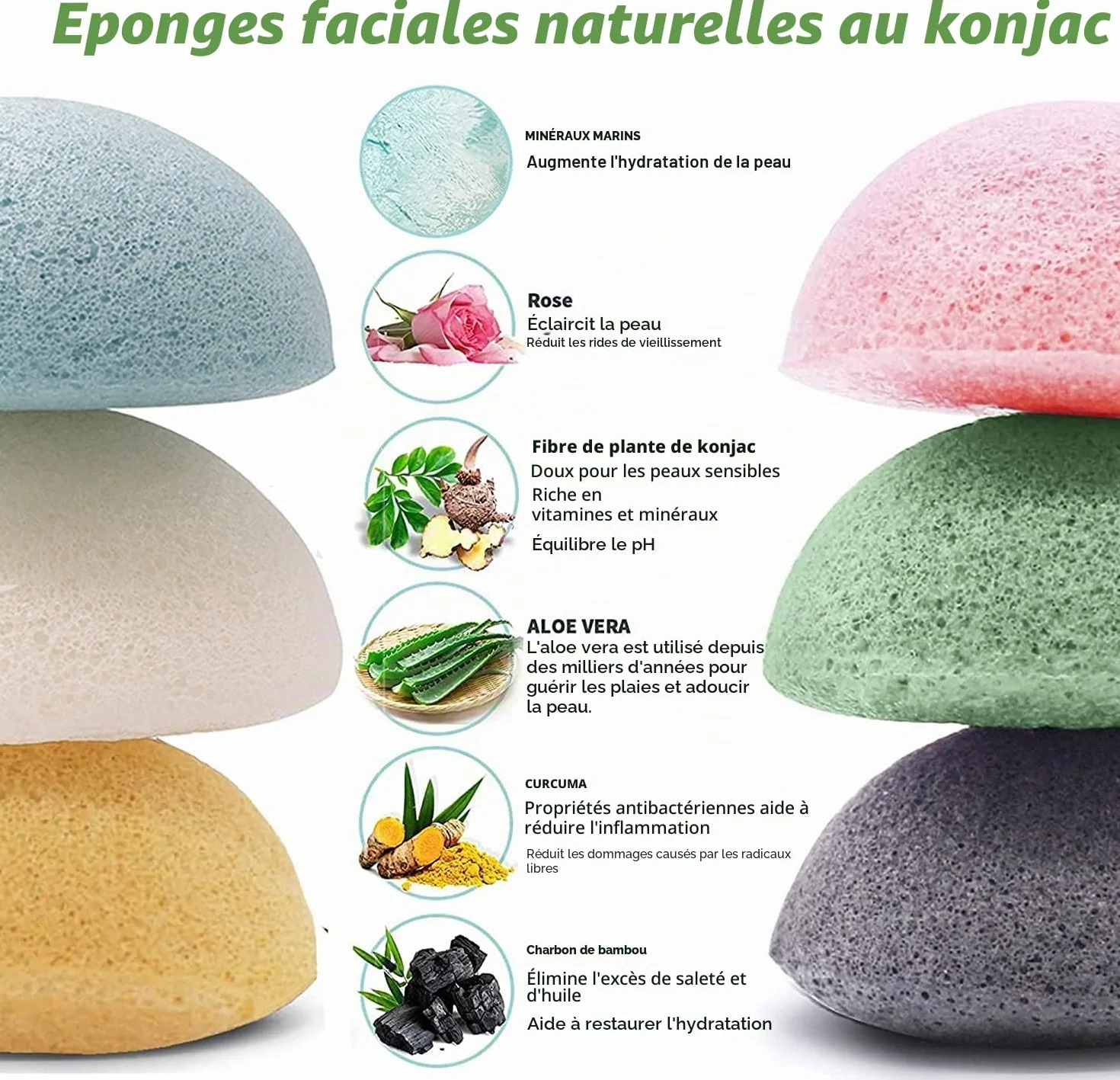 Éponges Konjac Naturelles Lot de 6 - Nettoyant Visage Profond au Charbon Actif & Aloe Vera - Exfoliant Doux Anti-Points Noirs