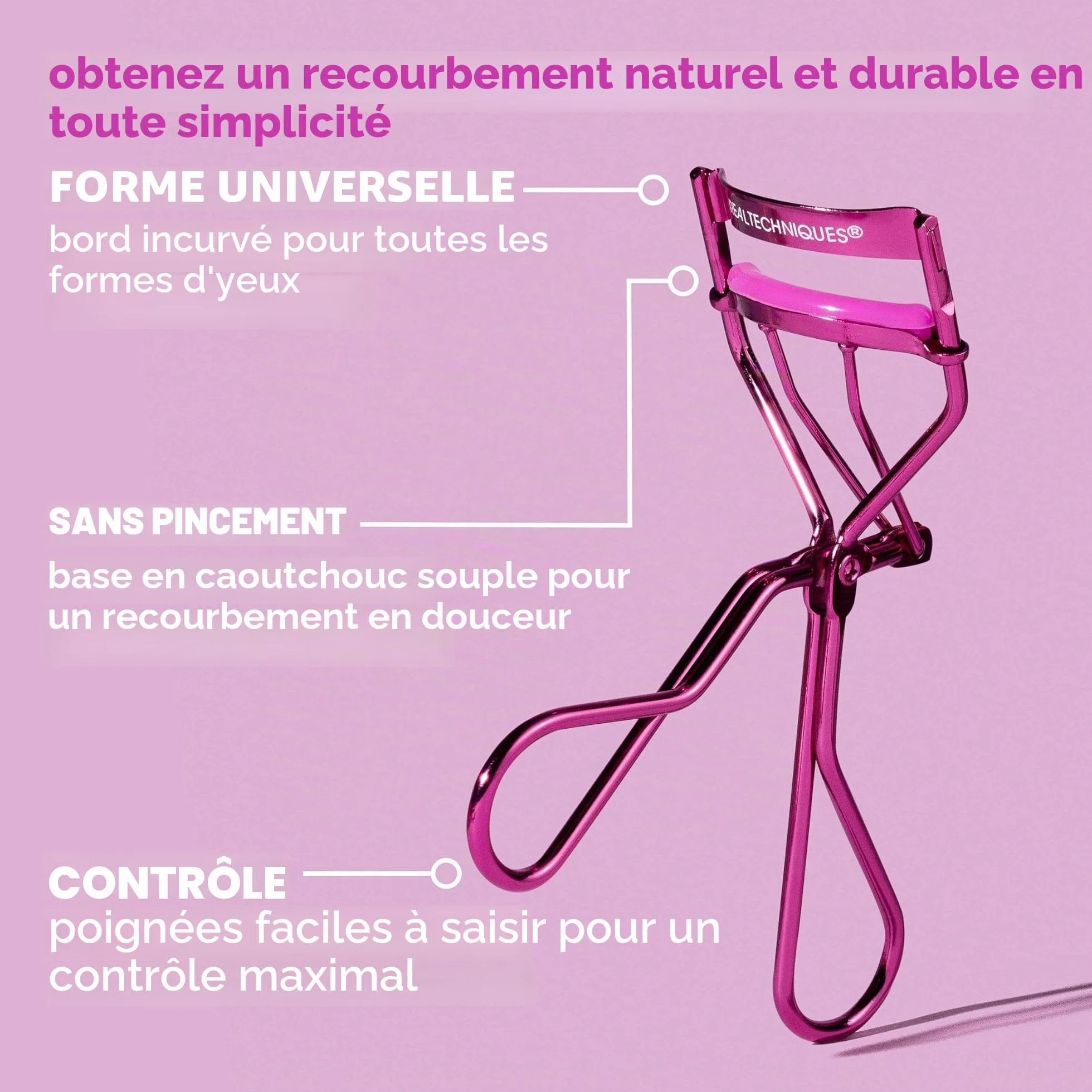 Real Techniques Recourbe-Cils Miracle, outil doux rose format voyage, cils liftés volume boost mascara
