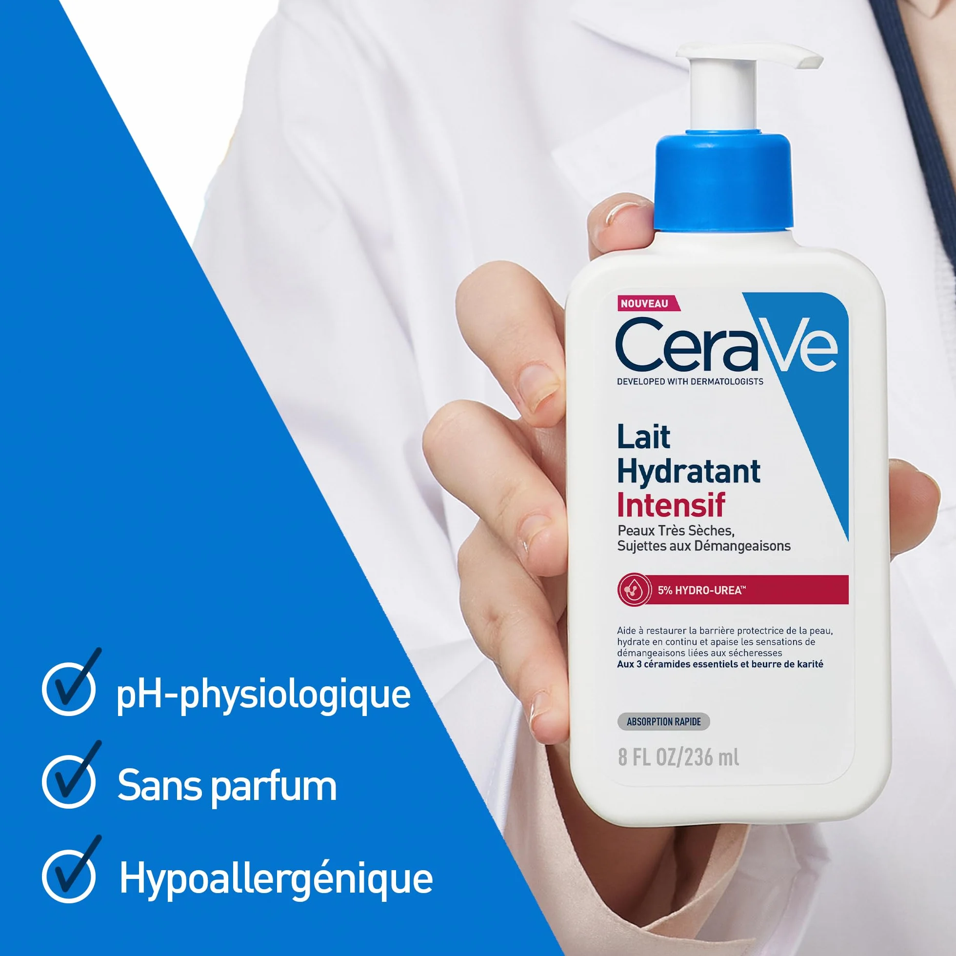 CeraVe Lait Hydratant Intensif Corps et Visage Peaux Très Sèches 72H Hydratation Beurre de Karité 3 Céramides Hydro-Urea Boost Sans Parfum Non Comédogène 236ml