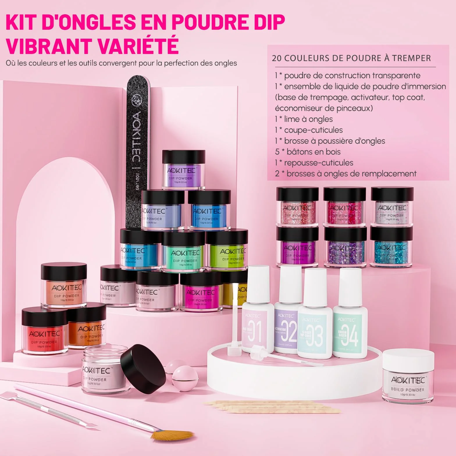 Aokitec Kit 36 poudres à ongles avec poudre de construction 20+1 couleurs activateur base tremper couche finition nail art