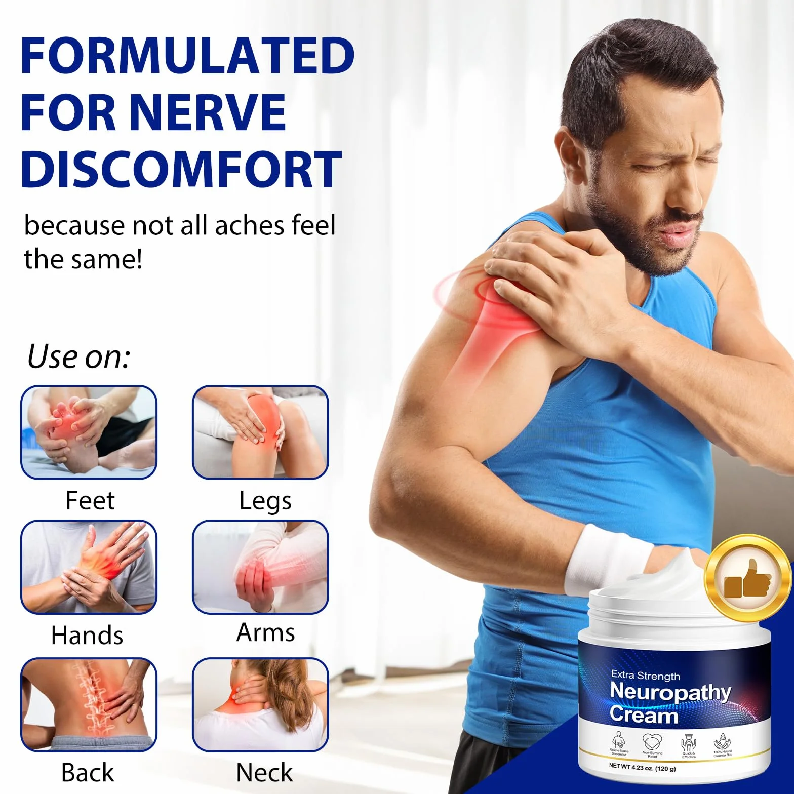 Crème pour la Neuropathie des Pieds à l'Arnica - 120g, Absorption Rapide, Non Grasse, Hydratante pour Peaux Sensibles