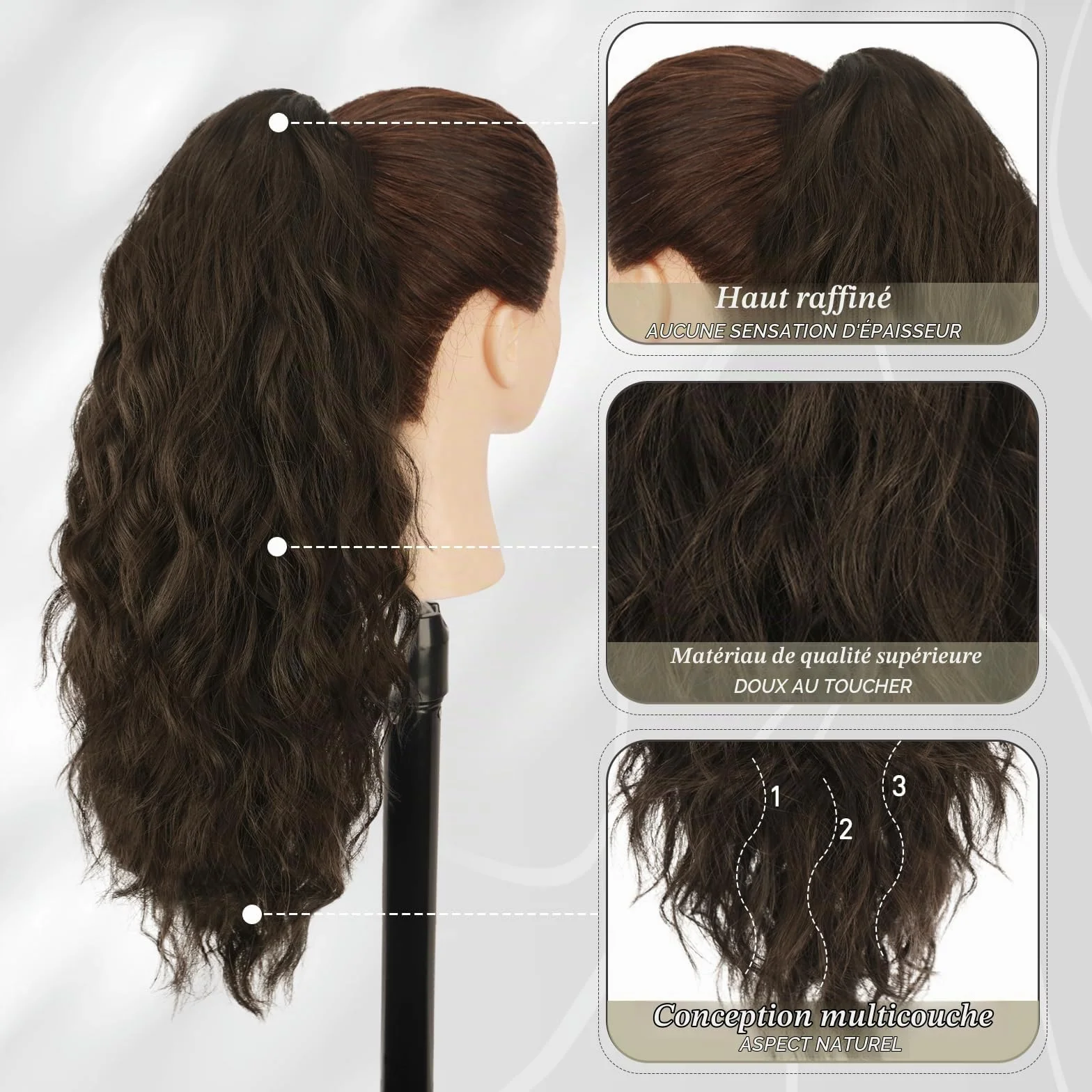 BARSDAR Extensions de cheveux synthétiques à clipser pour queue de cheval - 45,7 cm - Cheveux bouclés et ondulés - Pour tous les jours - Brun foncé