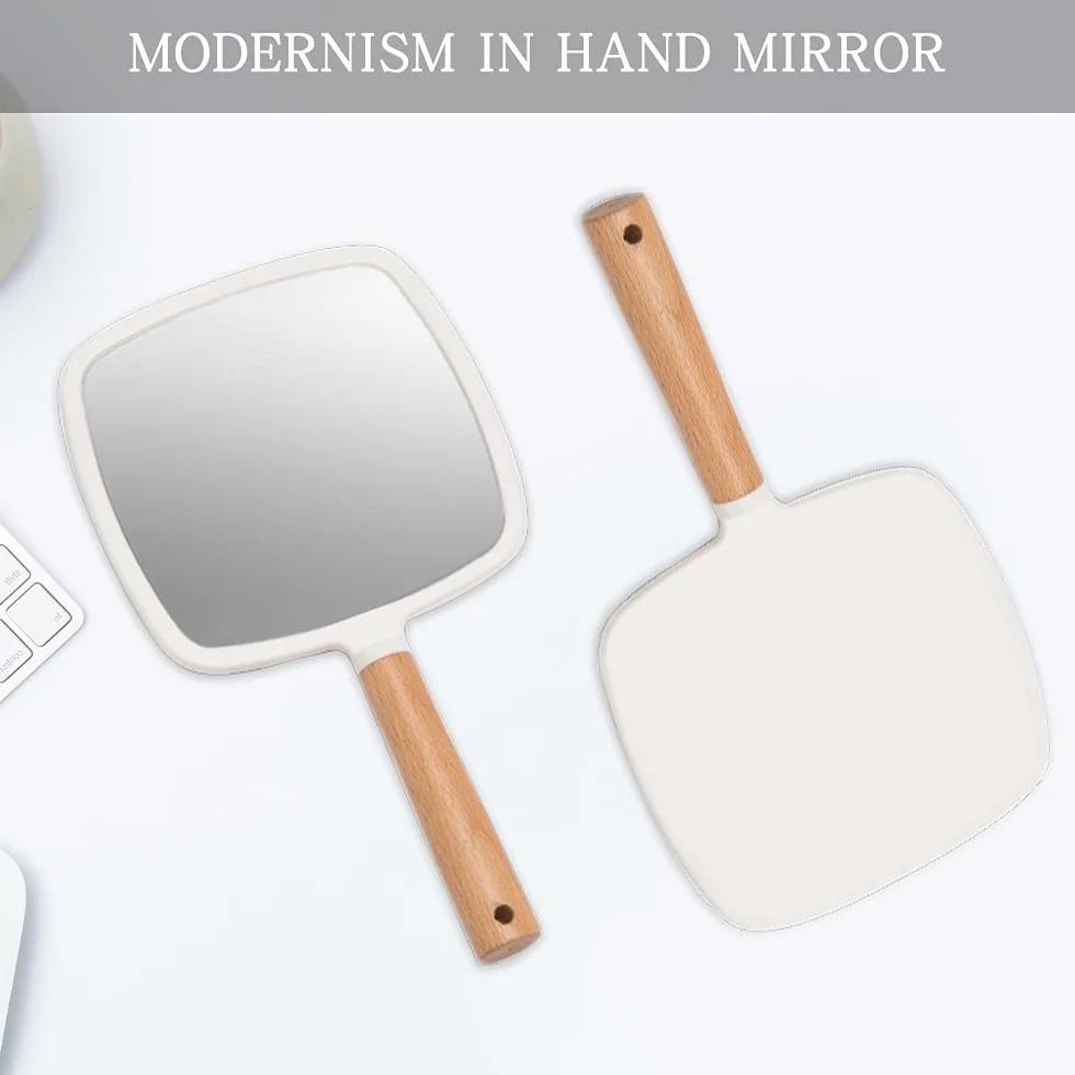 YEAKE Miroir à main en bois avec poignée pour maquillage rasage, miroir de courtoisie portable unilatéral carré