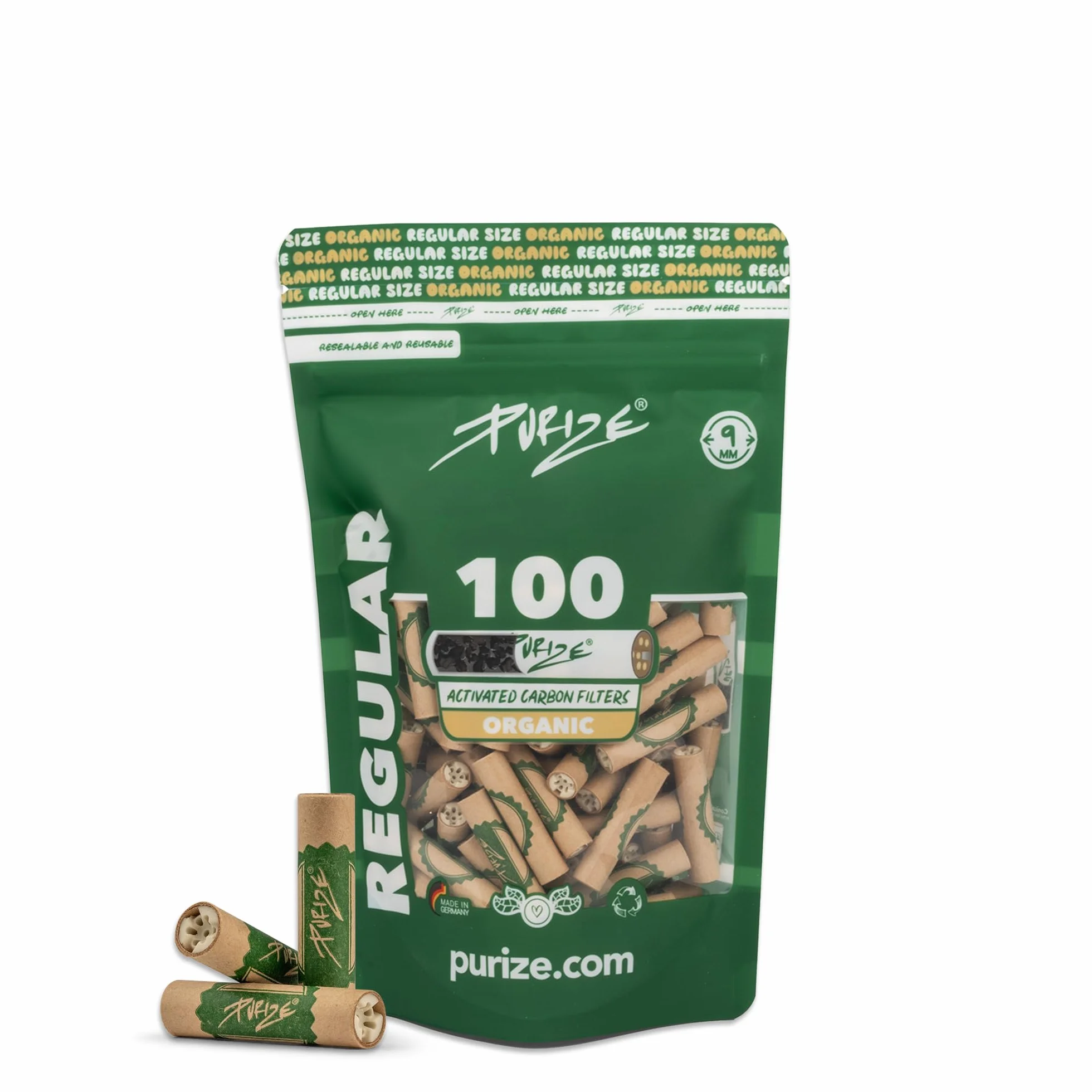 PURIZE Filtre à charbon actif taille régulière 100 unités Ø 9mm charbon actif noix de coco