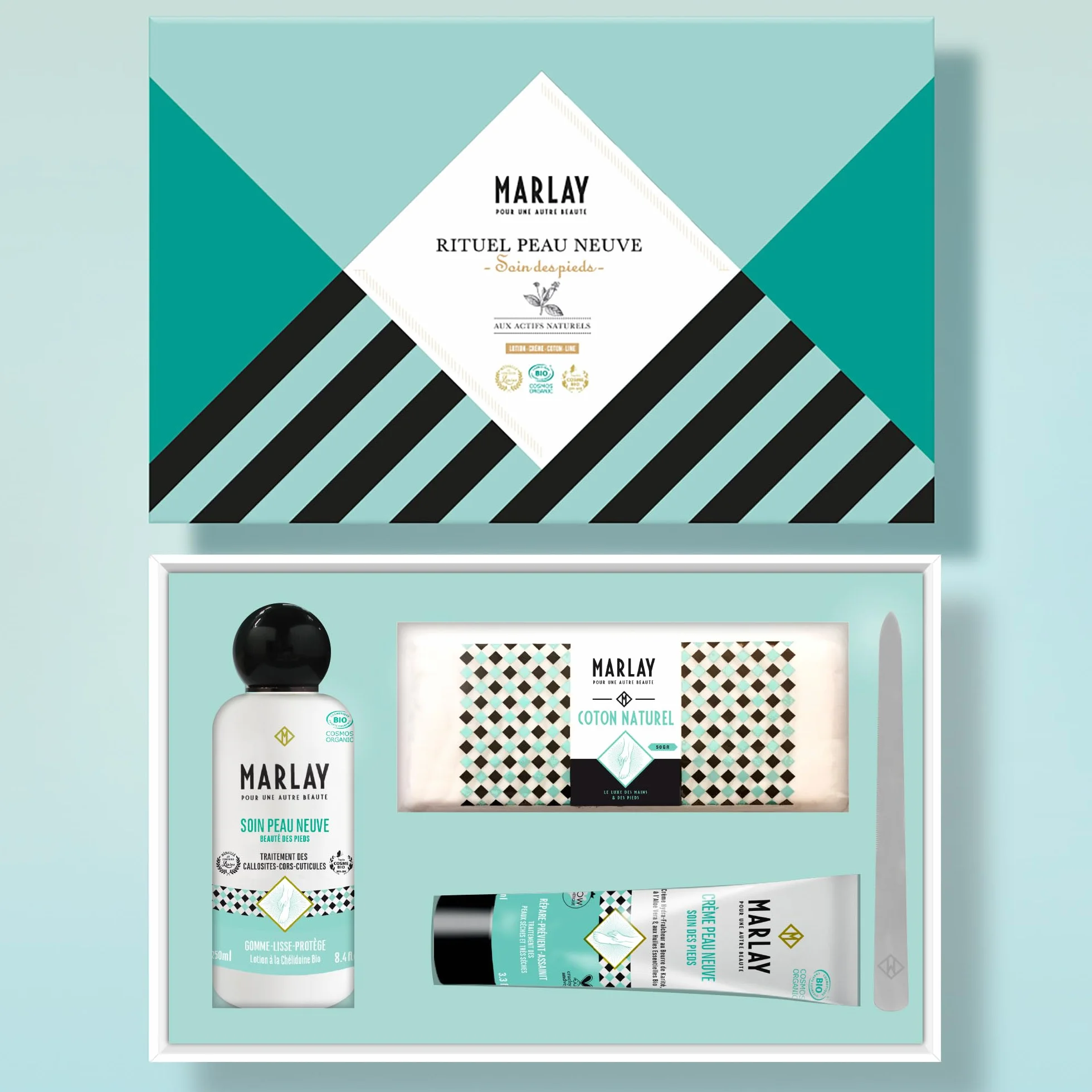 Marlay Cosmetics Coffret Rituel Peau Neuve Lotion 250 ml & Crème Pieds Hydratante Anti-transpirante Anti-échauffements Chélidoine Bio 99% Origine Naturelle