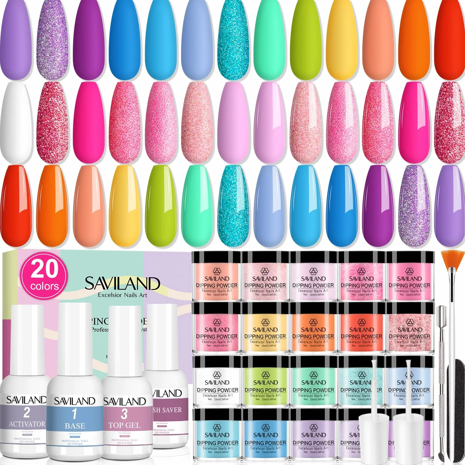 Saviland 29PCS Dipping Powder Kit, Kits Trempage Manucure Professionnel 20 Couleurs avec Activateur Base Top Coat