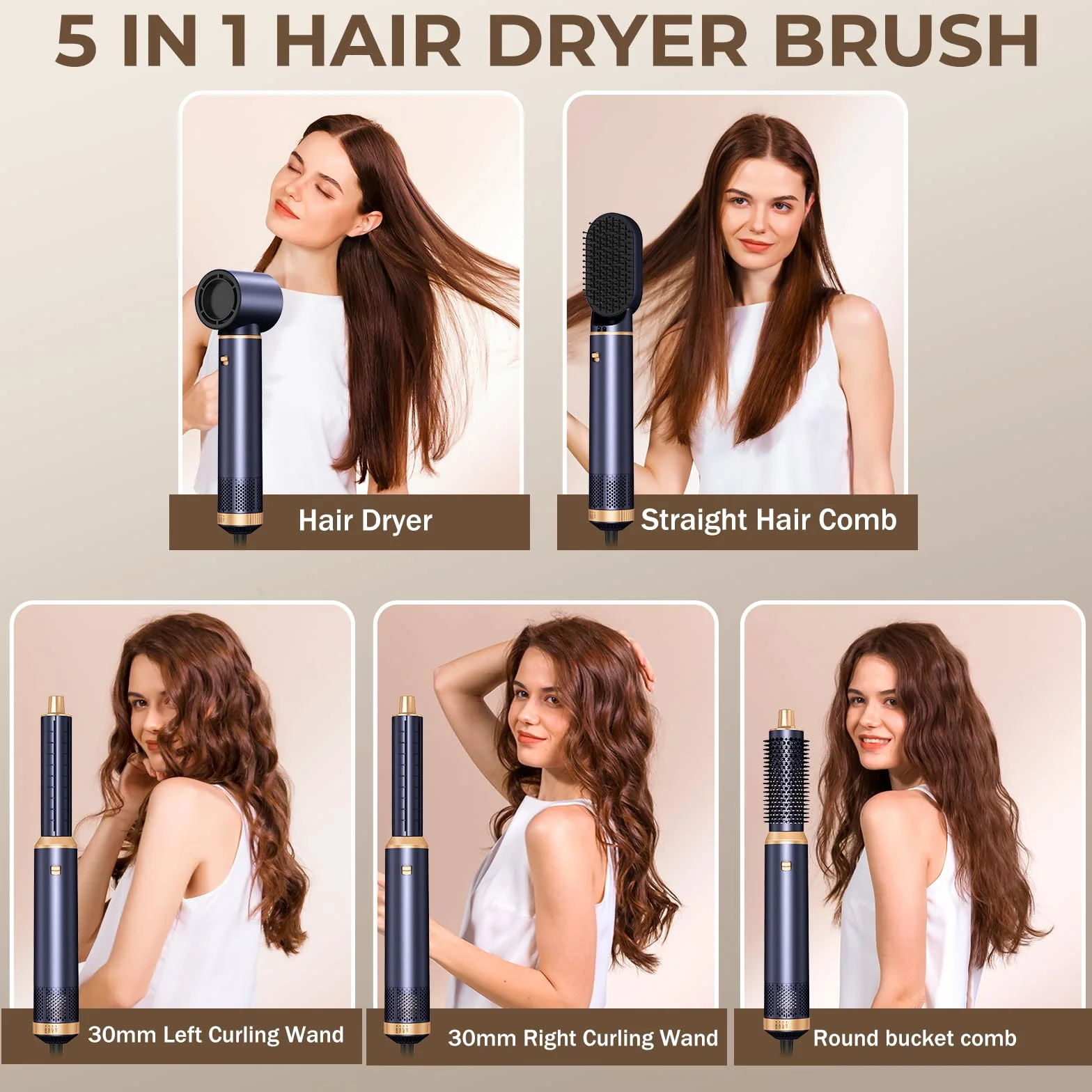 UKLISS Brosse Soufflante 5 en 1 Brosse Chauffante Brushing avec Seche Cheveux Bleu