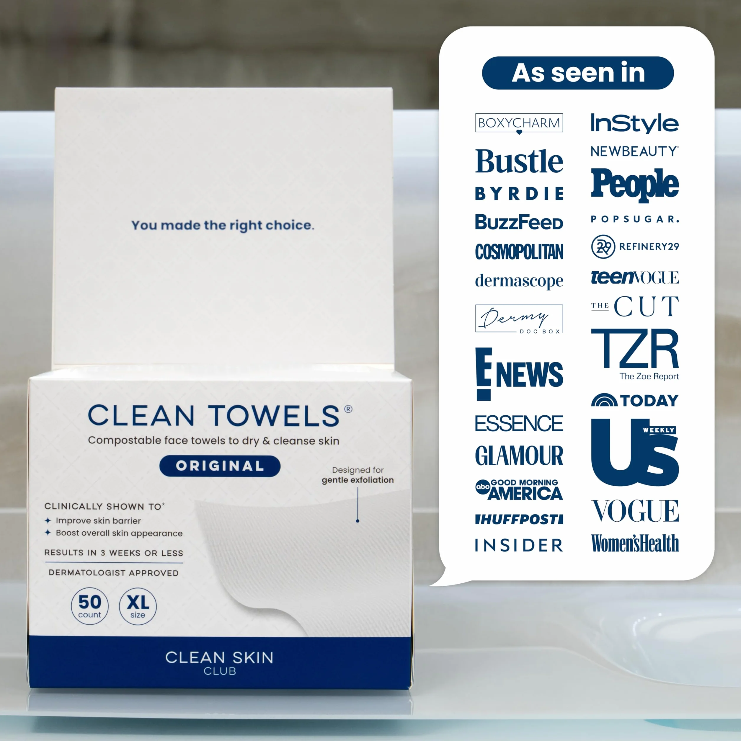 Clean Skin Club Clean Towels XL® Lingettes Visage 100% Biosourcées USDA Jetables Ultra-Douces Démaquillantes 50 Pièces