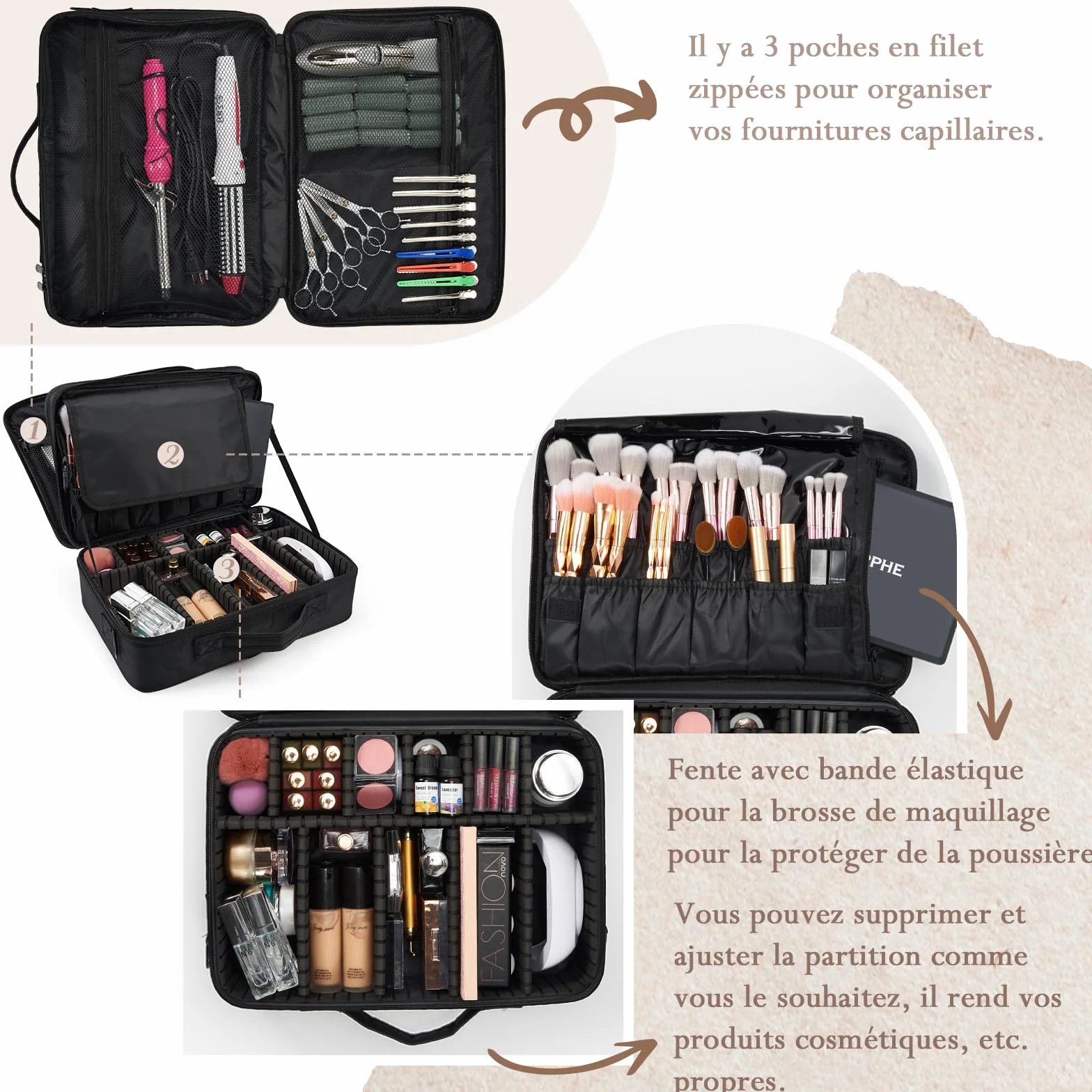 Trousse Maquillage Professionnel Grande Sac de Maquillage Femme Noir foncé