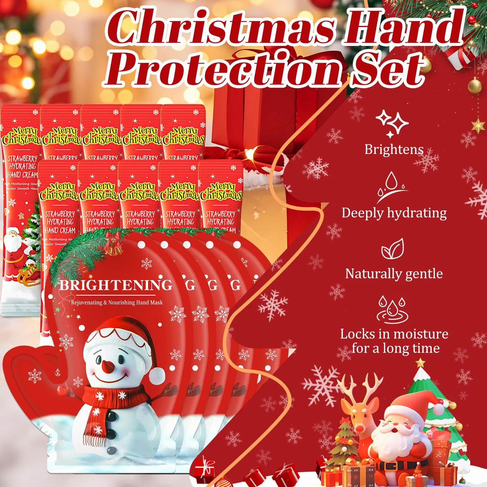 Masque Main Noël 5 Paires + 10 Mini Crème Main Hydratant Cadeaux de Noël