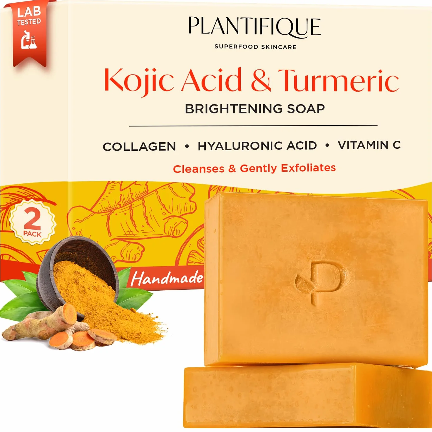 PLANTIFIQUE Savon Curcuma & Acide Kojique Visage Corps Anti-Tache Éclaircissant 2 Barres