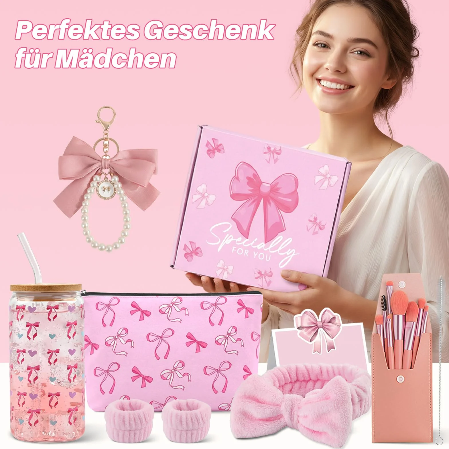 Cadeaux pour Filles de 9 10 11 12 13 14 15 16 Ans,Coffret Cadeau Femme,Anniversaire Fille Trousse, Verre, Pinceaux Maquillage Bandeau, Carte