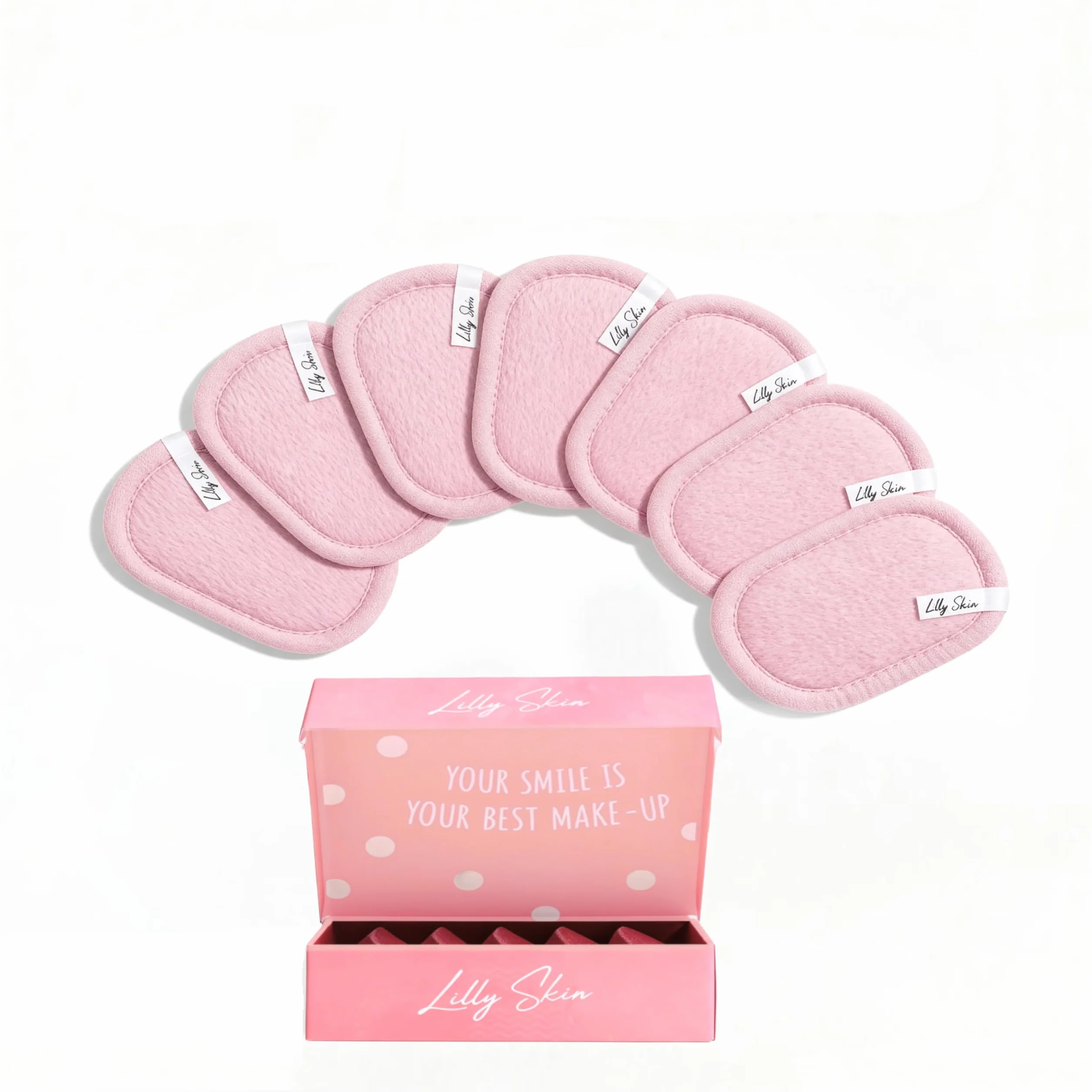 Pads Démaquillants Lavables Réutilisables Lilly Skin - Lingettes Carrées Microfibres Nettoyantes Exfoliantes Visage - Boîte 7 Pads Tissu Simili Coton Rose Poudré