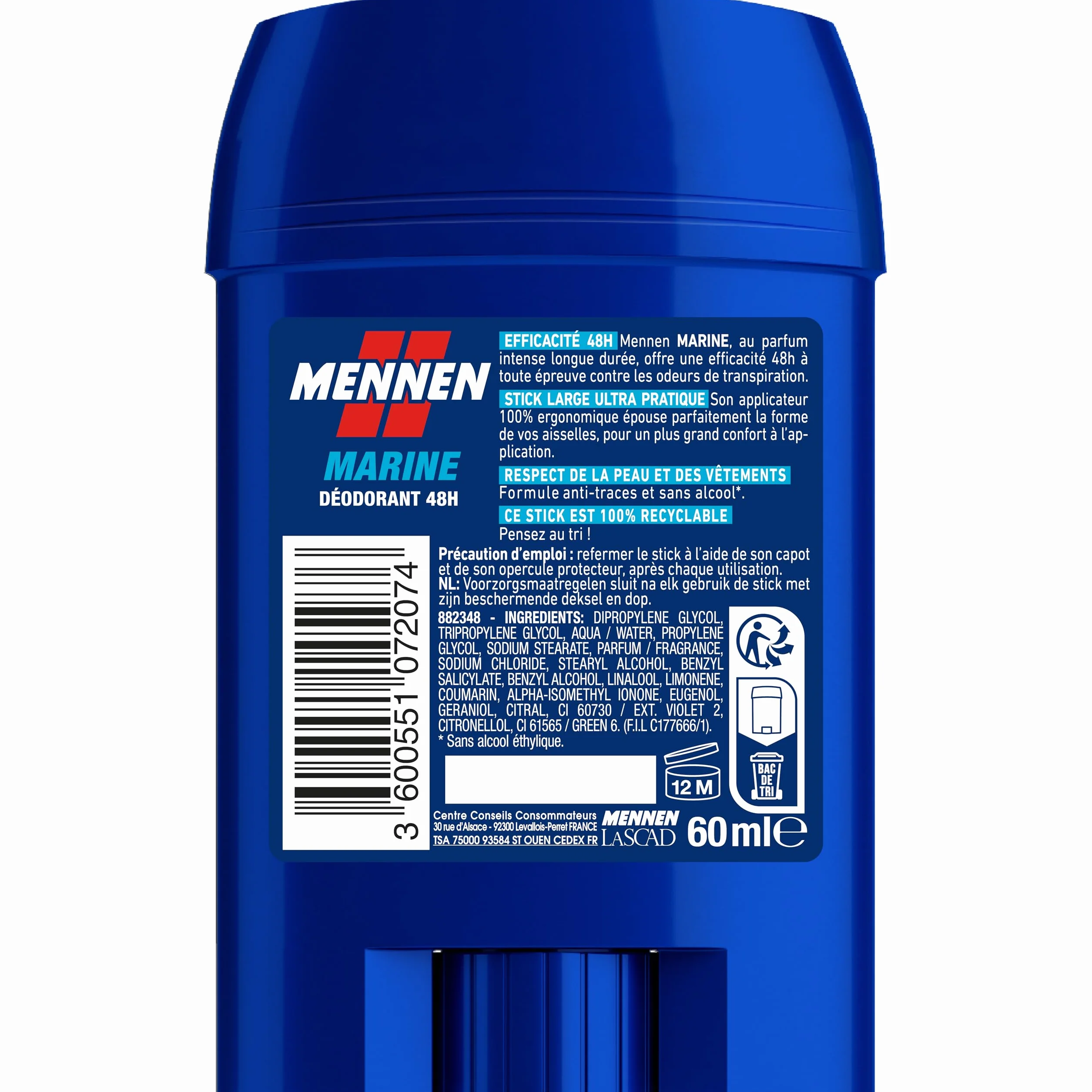 MENNEN - MARINE Deodorant Homme 24H - Stick Large - Sans Alcool - Anti-Traces - 60 ml - Lot de 6