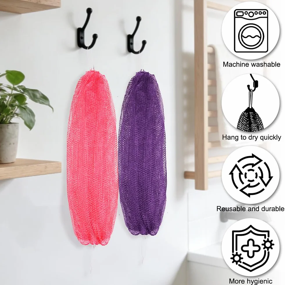Filet de Douche Africain Exfoliant, Éponge de Gommage Corps Nylon Séchage Rapide, 2 Pièces Rose Clair Violet Foncé