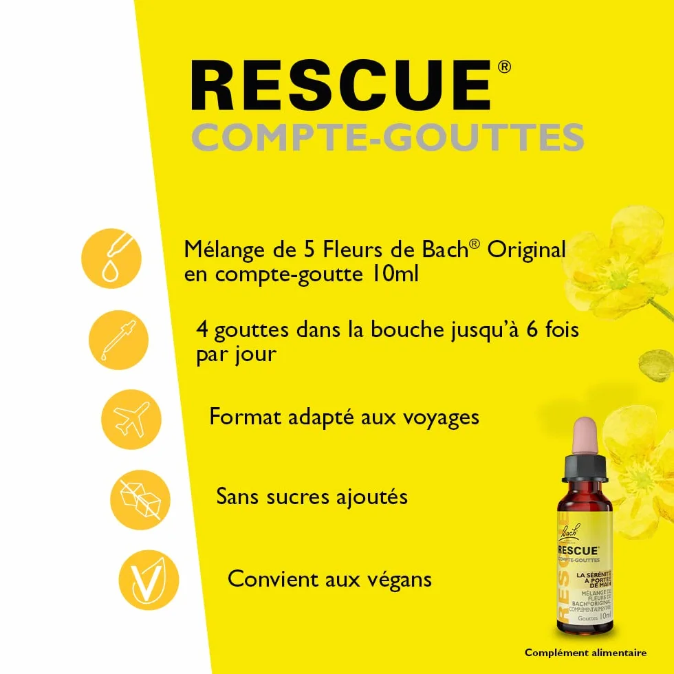 RESCUE Compte-gouttes 10ml 5 Fleurs de Bach Original mélange naturel stress quotidien