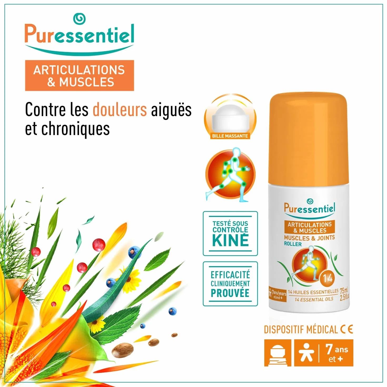 Puressentiel Roller aux 14 Huiles Essentielles Articulations et Muscles Soulage Douleurs Musculaires Articulaires 75 ml