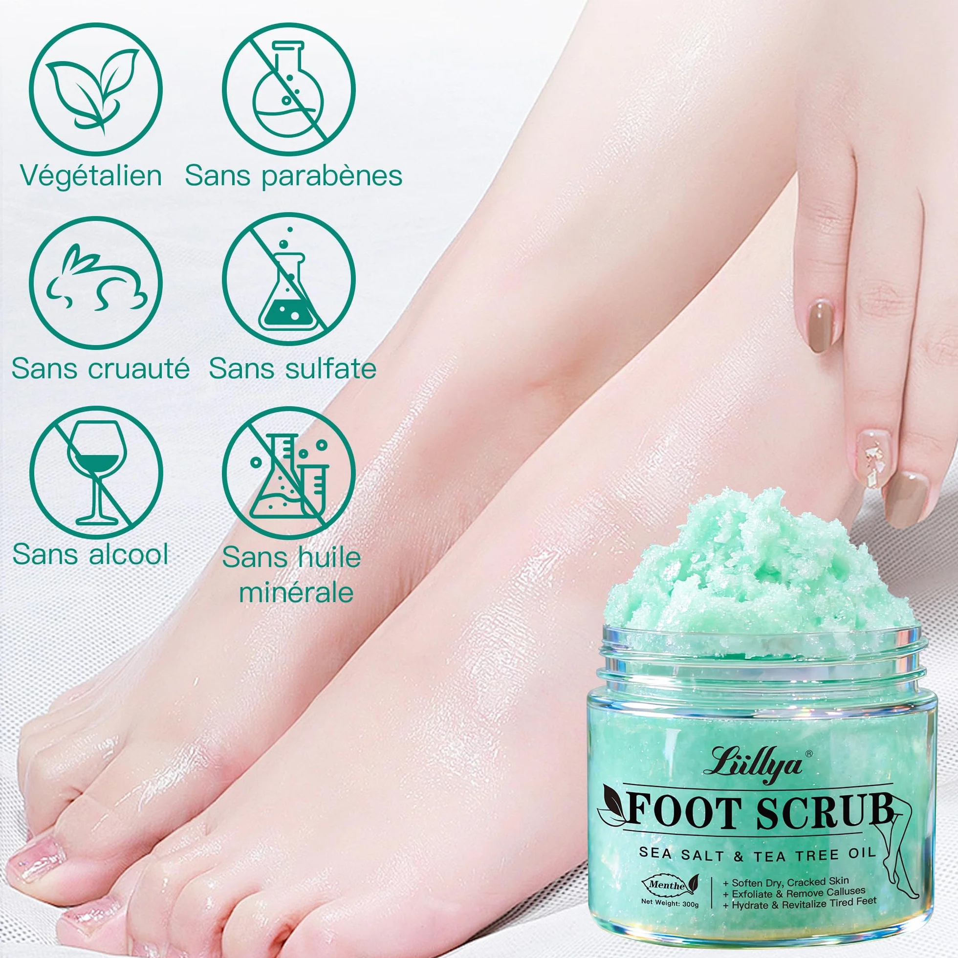 Gommage Corps & Pieds Naturel au Sel Marin, Arbre à Thé & Menthe Poivrée – Exfoliant Hydratant pour Peau Sèche, Talons & Callosités, 300g