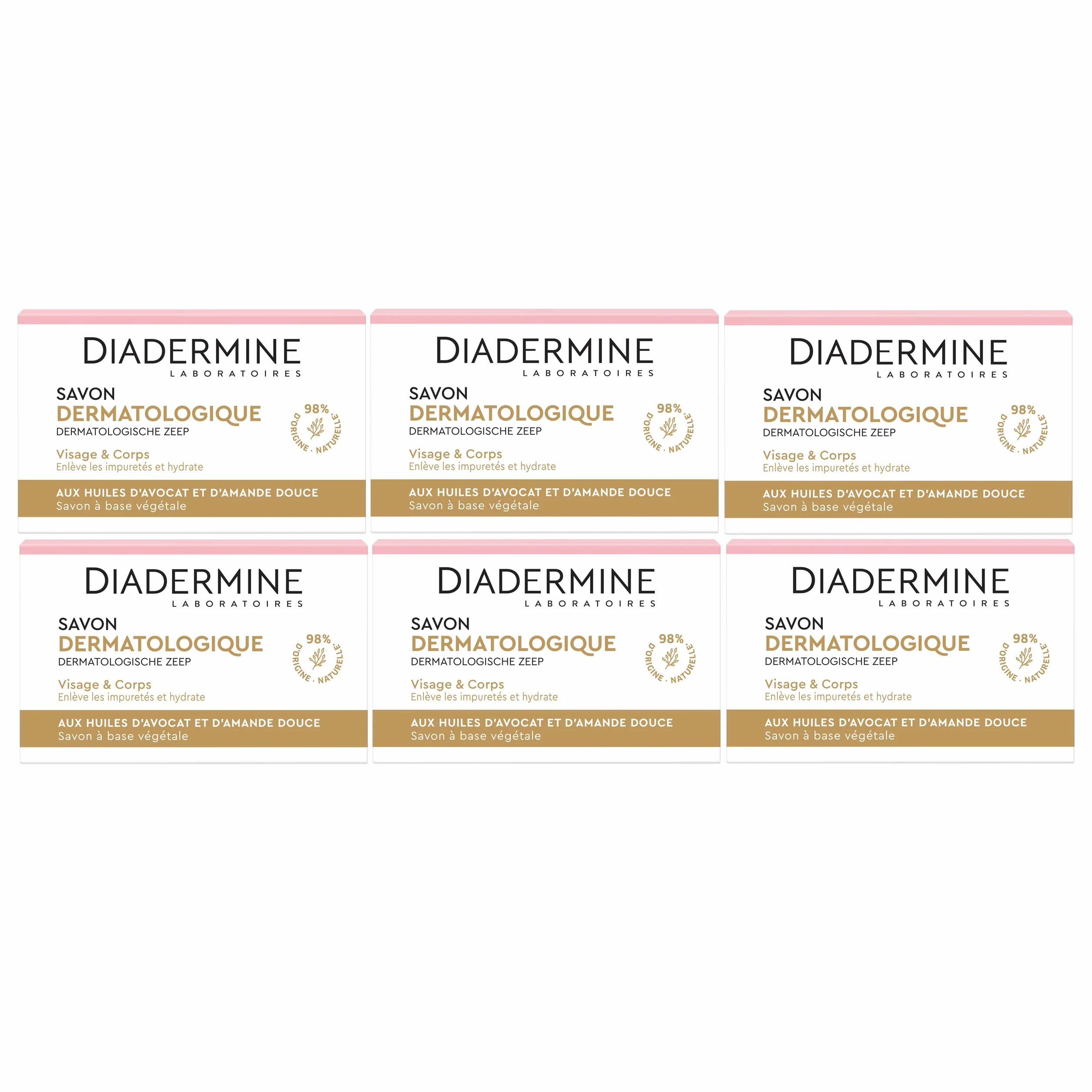 Diadermine - Savon dermatologique aux extraits hydratants d'amande douce et avocat - Visage et Corps - Nettoie et protège la peau du dessèchement - Savon de 100g - Lot de 6