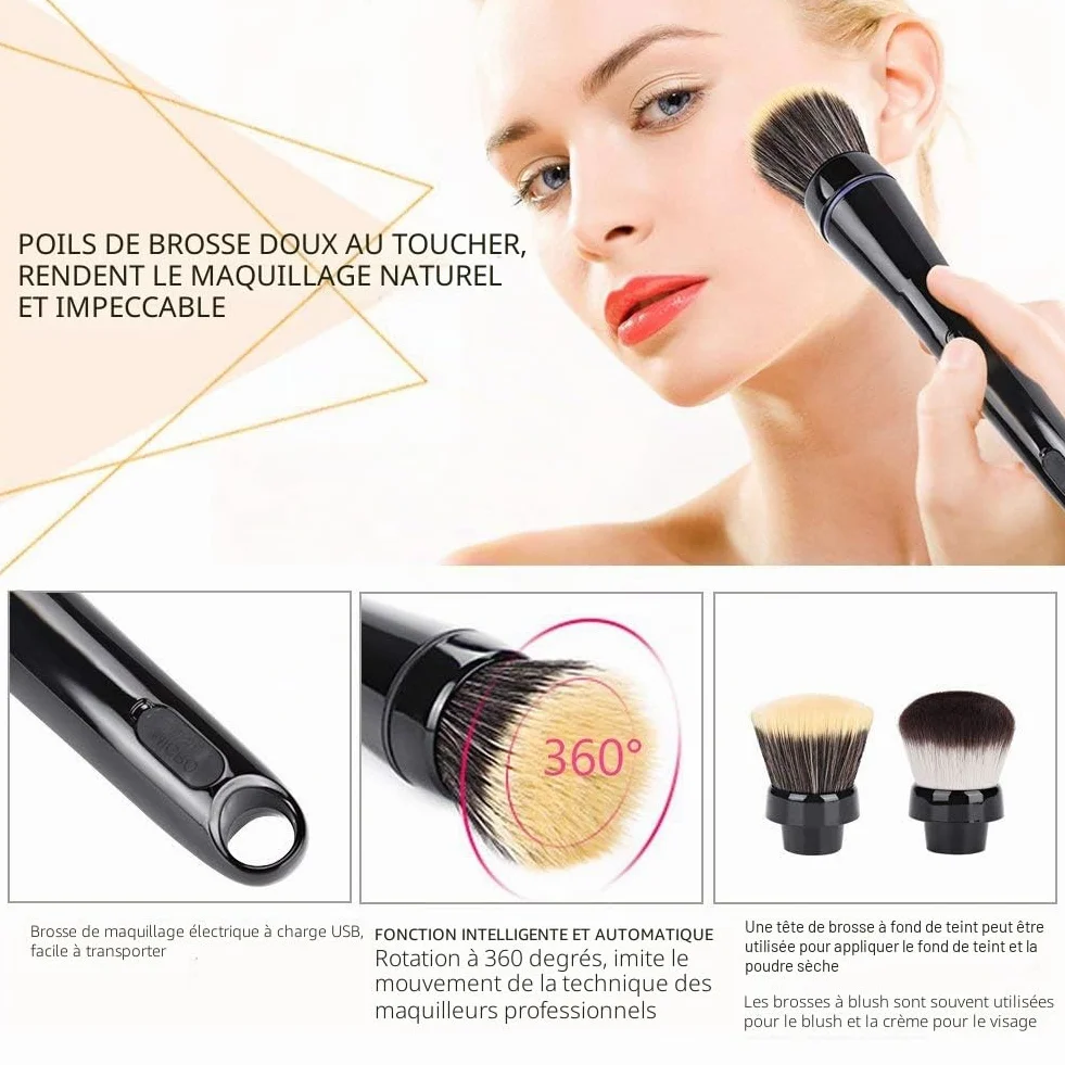 Pinceau électrique de Maquillage, Pinceau Rotatif Automatique de Maquillage avec des têtes de Brosse de Fondation et de Fard à Joues, Machine de Nettoyage de brosses cosmétiques