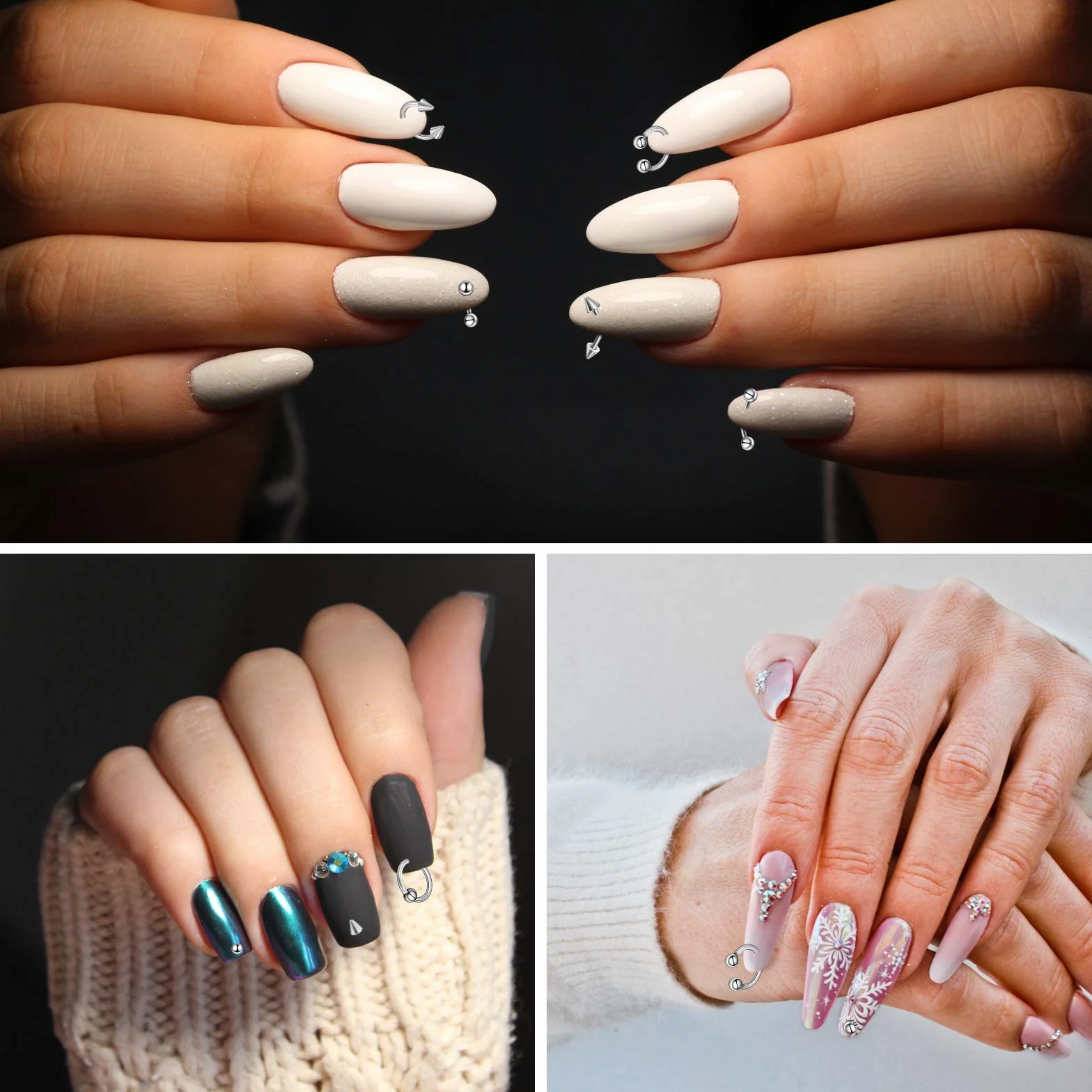 Breloques d'Art d'Ongle 25 Pièces avec Outil de Perçage Perceuse à Main en Argent pour Décor Acrylique et Gel