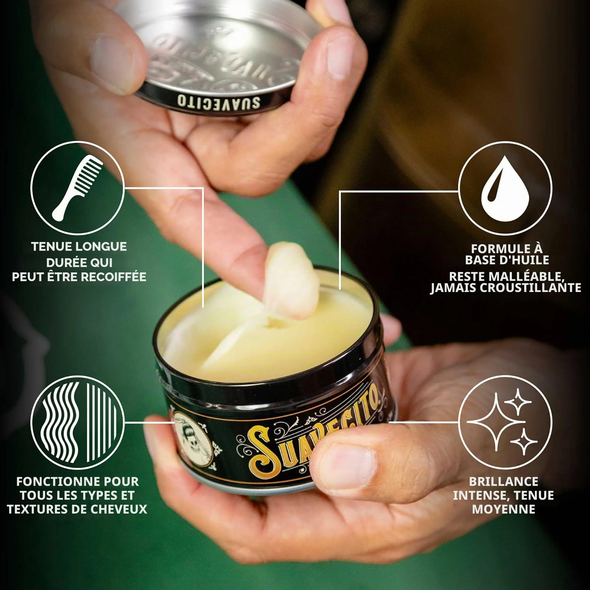 Pommade à base d'huile Suavecito, tenue moyenne et durable, brillance saine, adaptée à tous les types de cheveux, à appliquer sur cheveux mouillés ou secs 3oz/85g