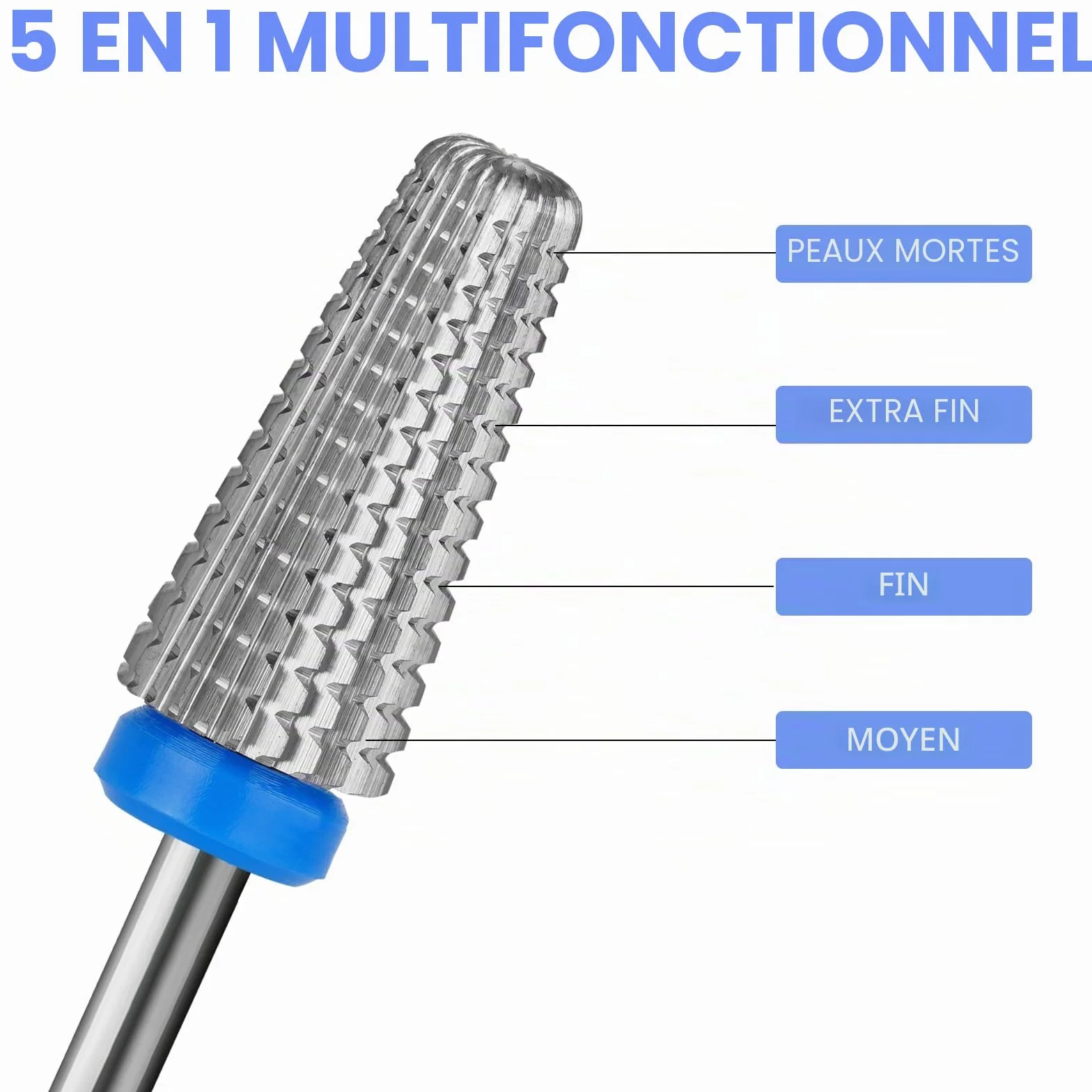 5 en 1 Foret à ongles en carbure de tungstène 3/32" pour Manucure Pédicure Cuticule Gel Polissage Enlèvement rapide de l'acrylique ou du gel dur Embouts pour techniciens (Moyen - M, Argent)