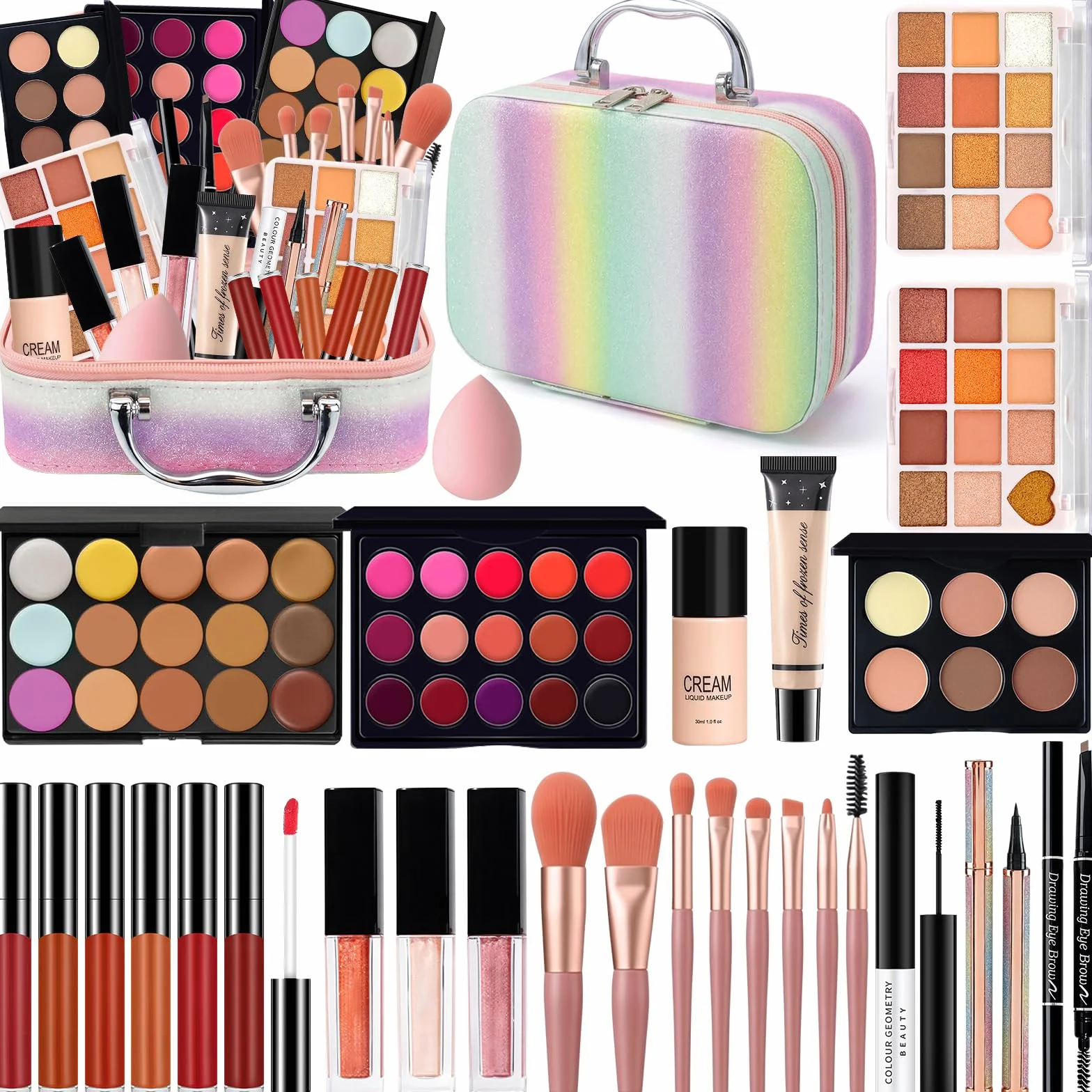 Coffret Maquillage avec Trousse de Maquillage, Kit Maquillage Femme Ado Fille Professionnel Complet, Coffret Cadeau Maquillage avec Fond Teint Crayon Sourcils Mascara Palette à Yeux Correcteur Gloss