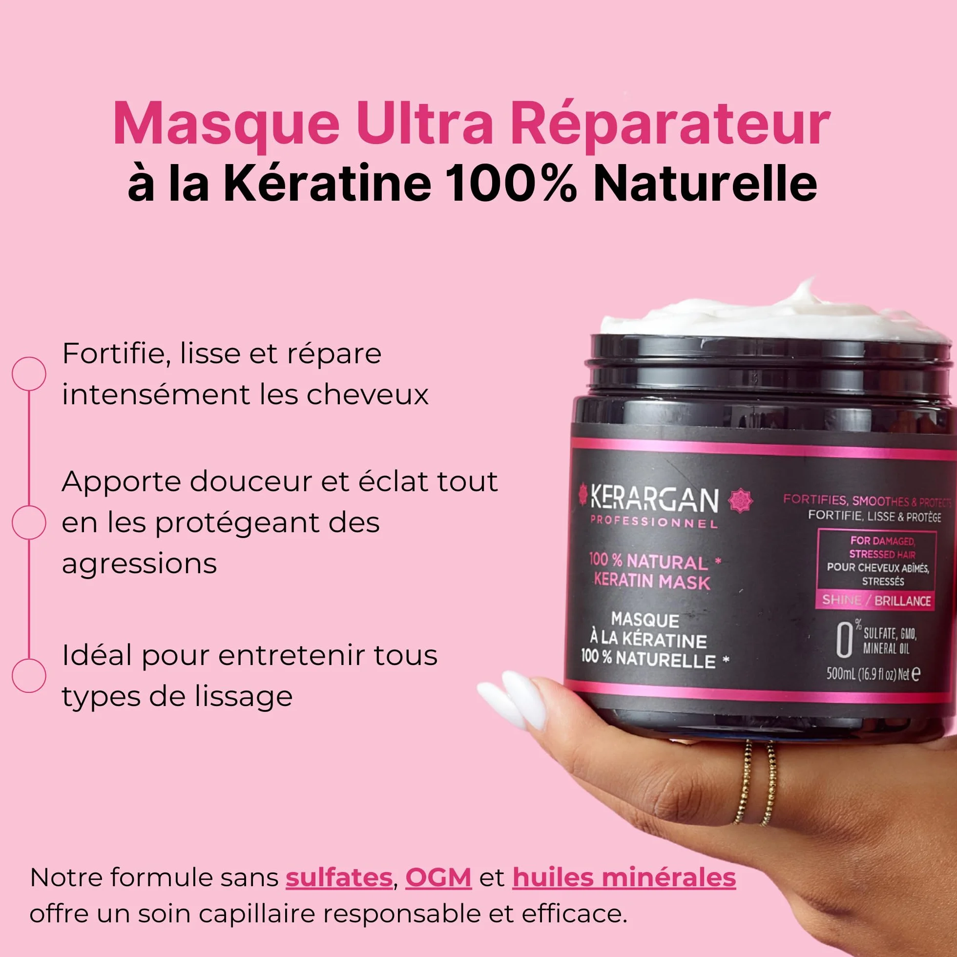 Kerargan Masque Capillaire Ultra Réparateur à la Kératine 500ml Cheveux Abîmés Fortifie Lisse Protège Sans Sulfate