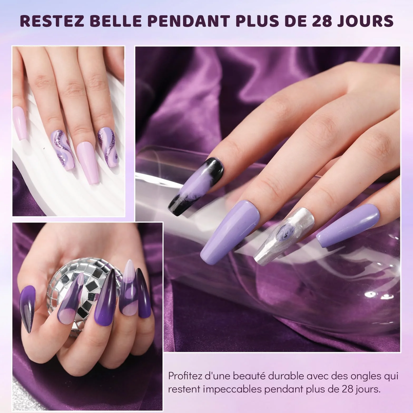 Aokitec Poudre à Tremper, 4 Couleurs Nail Art Français, Kit de Manucure DIY, Longue Durée