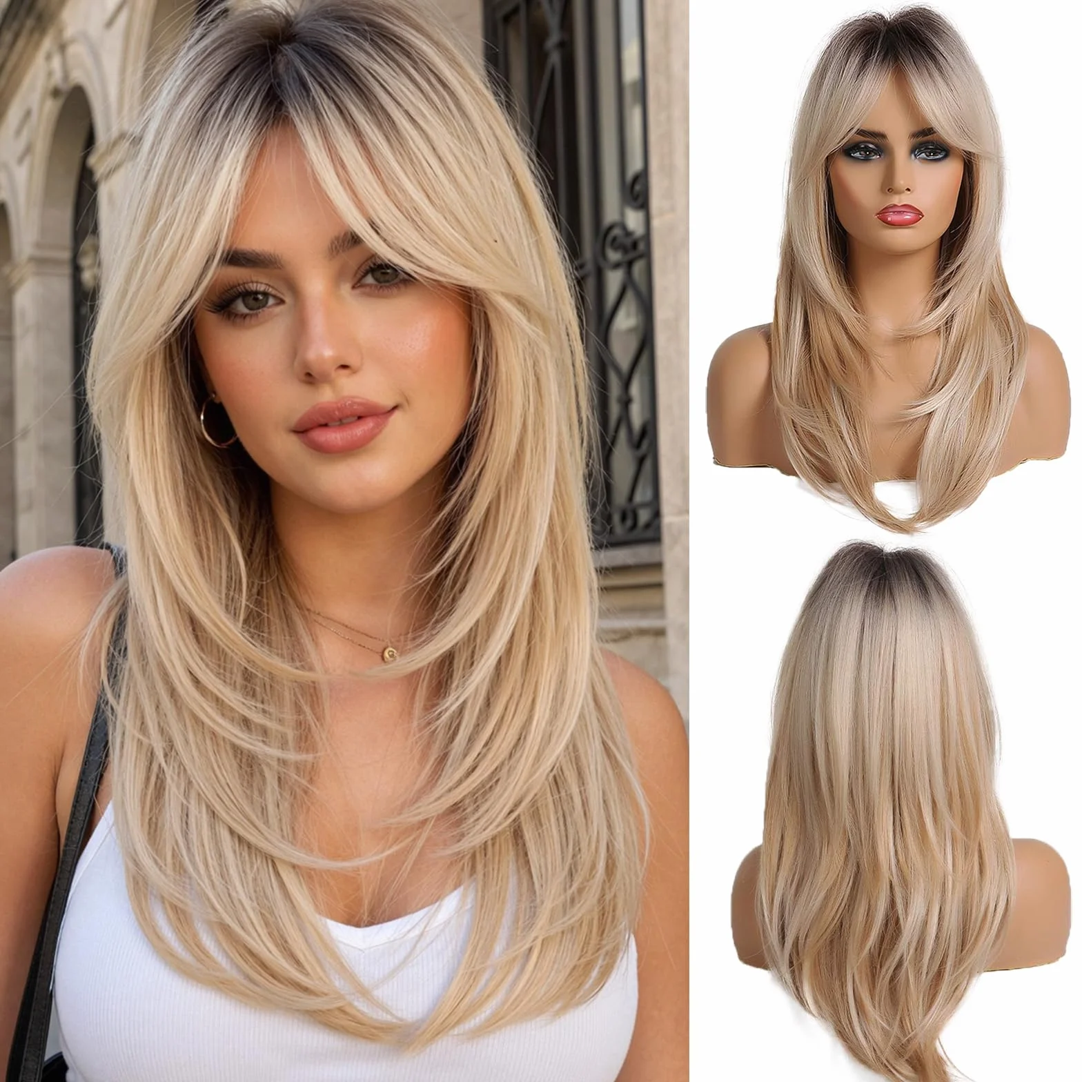 Perruques Blondes pour Femmes Perruque Longue Et Droite avec Franges Cheveux Synthétiques Dégradés avec Racines Foncées pour Un Usage Quotidien Et Festif
