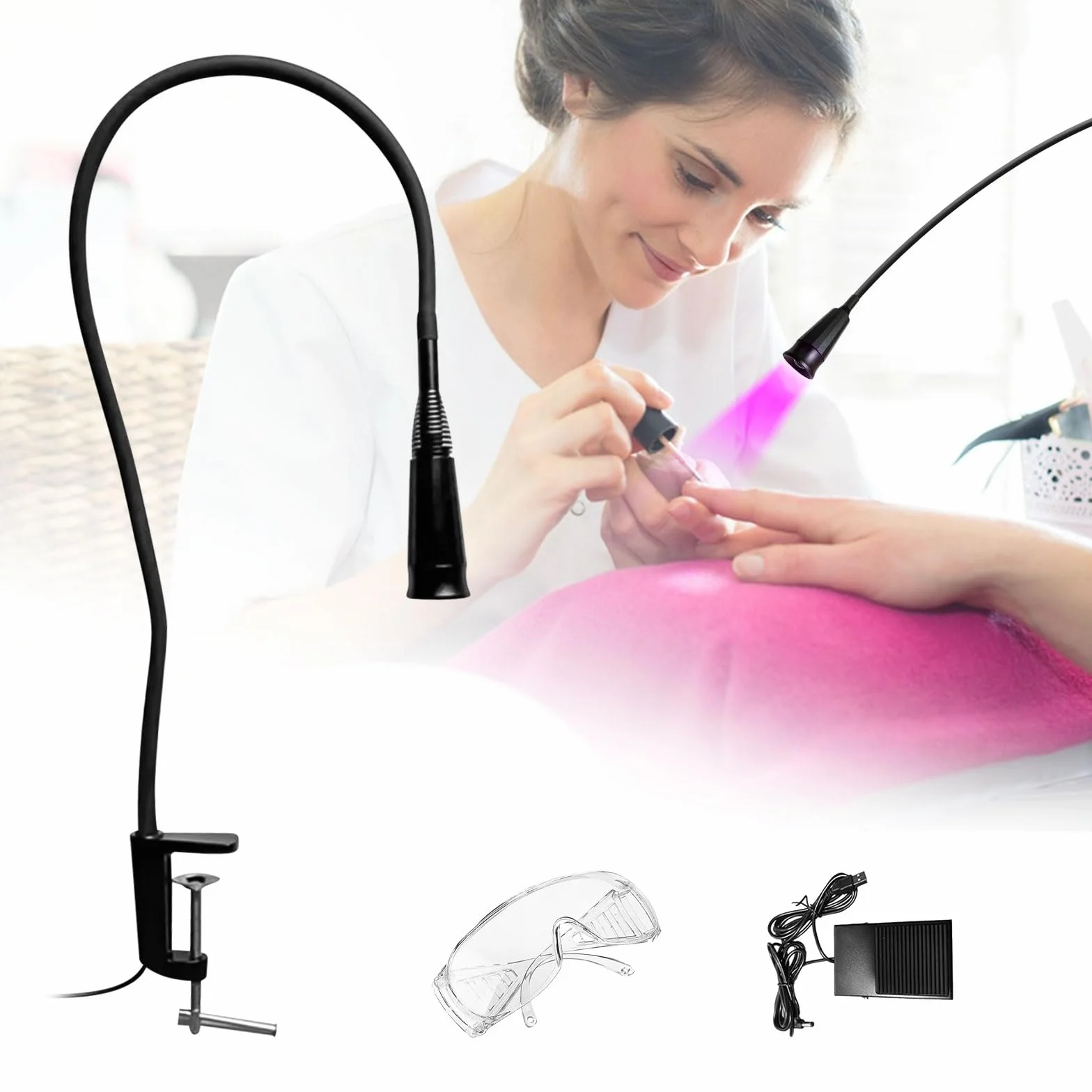 Lampe de cils UV 10 W LED UV pour durcissement à la lumière, guérison rapide en 3 à 5 secondes, taille réglable avec lunettes de protection et interrupteur au pied, noire