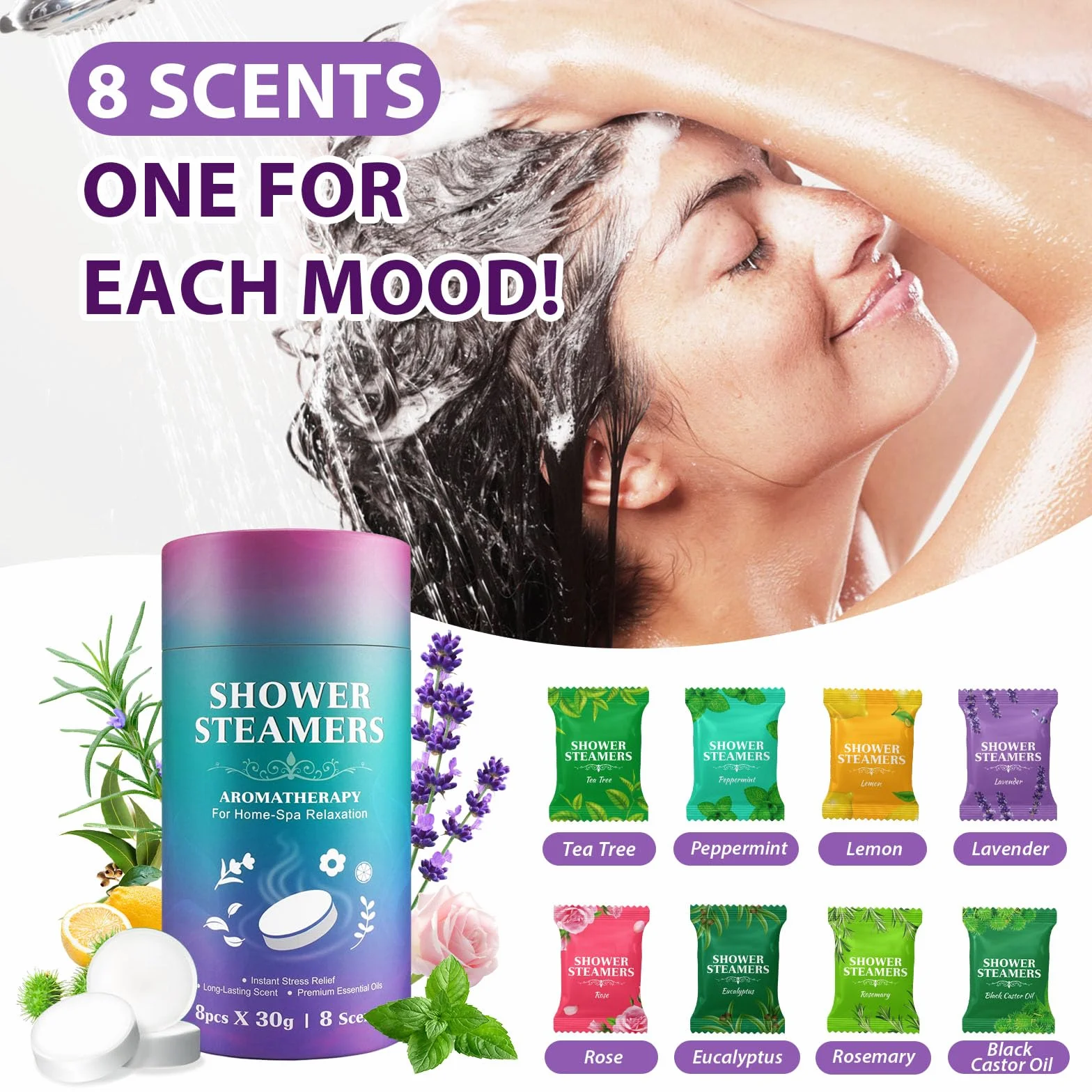 Set de vapeurs de douche d'aromathérapie 8 comprimés huiles essentielles premium soulagement du stress relaxation