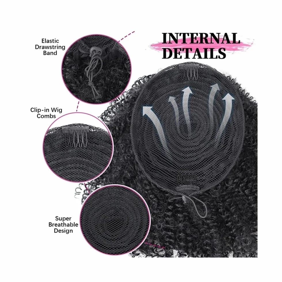 Health Extension de queue de cheval afro courte bouclée avec cordon de serrage pour femme noire Synthétique Afro Puff Queue de cheval avec clips Soins personnels (Noir)