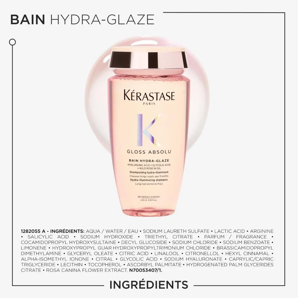 KÉRASTASE Gloss Absolu Shampoing Hydra-Glaze Cheveux Ternes Brillance Acide Hyaluronique Acide Glycolique Rose Sauvage