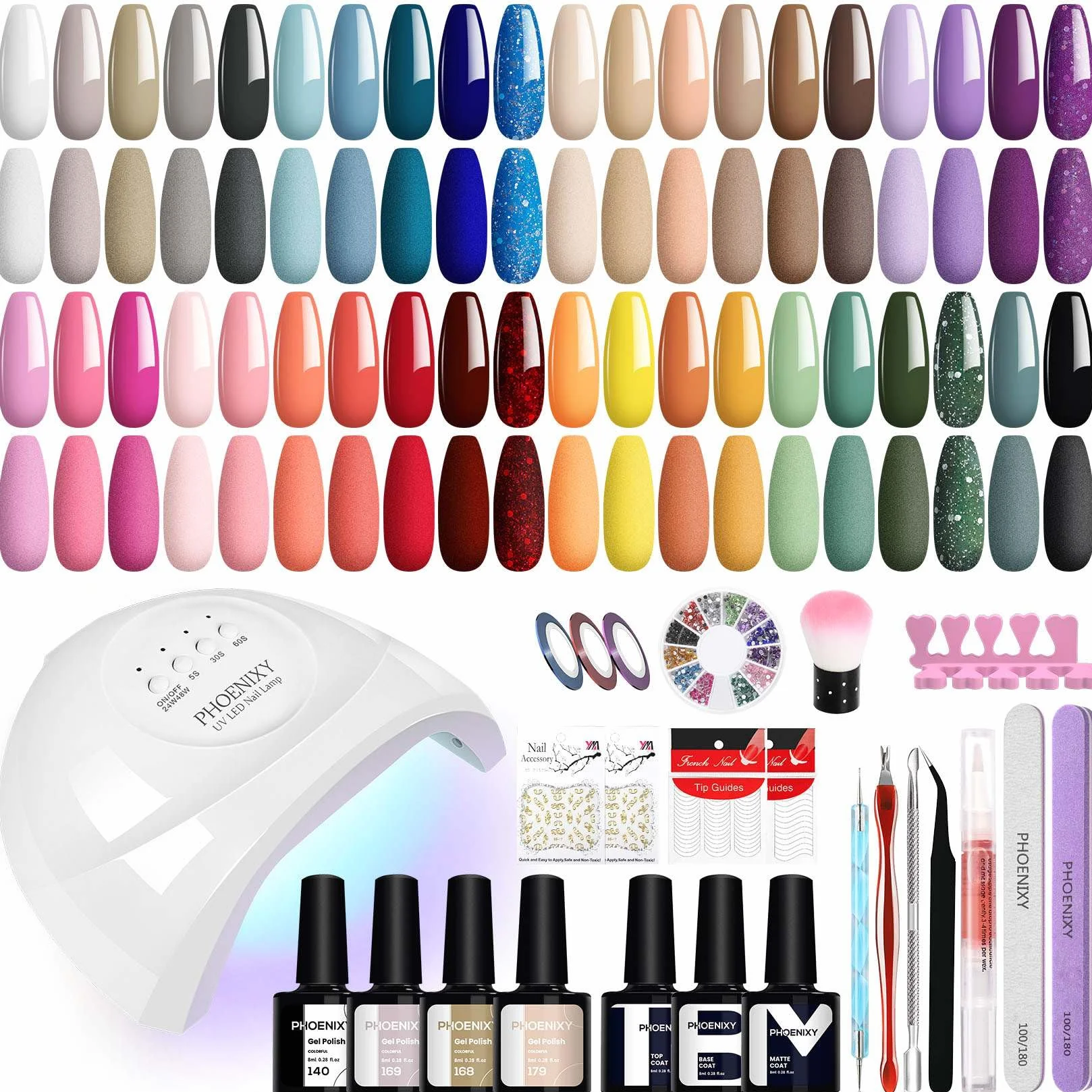 Phoenixy 40 Couleurs Kit Vernis Semi Permanent Complet avec 48W Lampe U V/LED Kit Ongle Gel U V Complet avec Base et Top Coat Vernis Semi Permanent pour Débutant DIY Nail Art