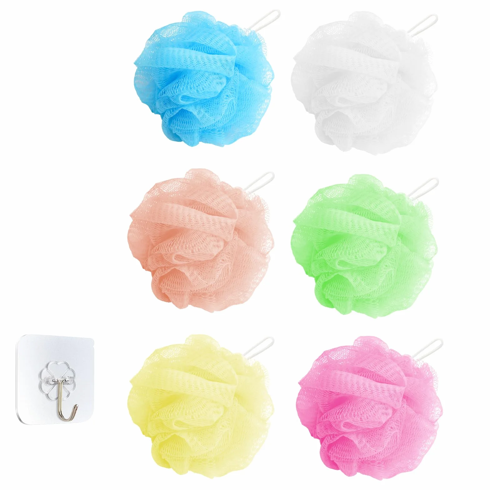 Lot de 6 Éponge de Douche Douce Durable Fleur Lavable Maille Massage Corps Nettoyage Exfoliation avec Crochet