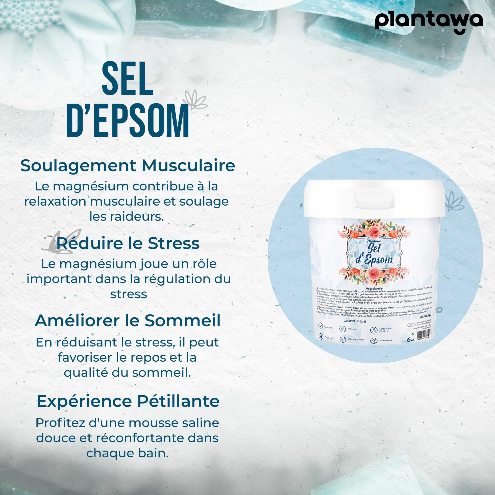 Sel d'Epsom 6KG Magnésium Pur Aromathérapie Relaxante Réparateur Moussant 100% Naturel Bien-être Sommeil Réparateur