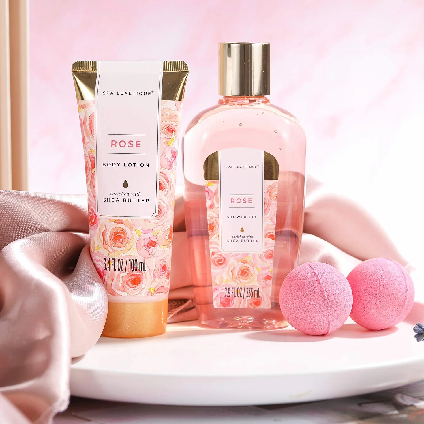 Spa Luxetique Coffret Cadeau Femme Rosa 8 Pièces Soin Beauté Gel Douche Beurre Karité Bombe Bain Bain Moussant