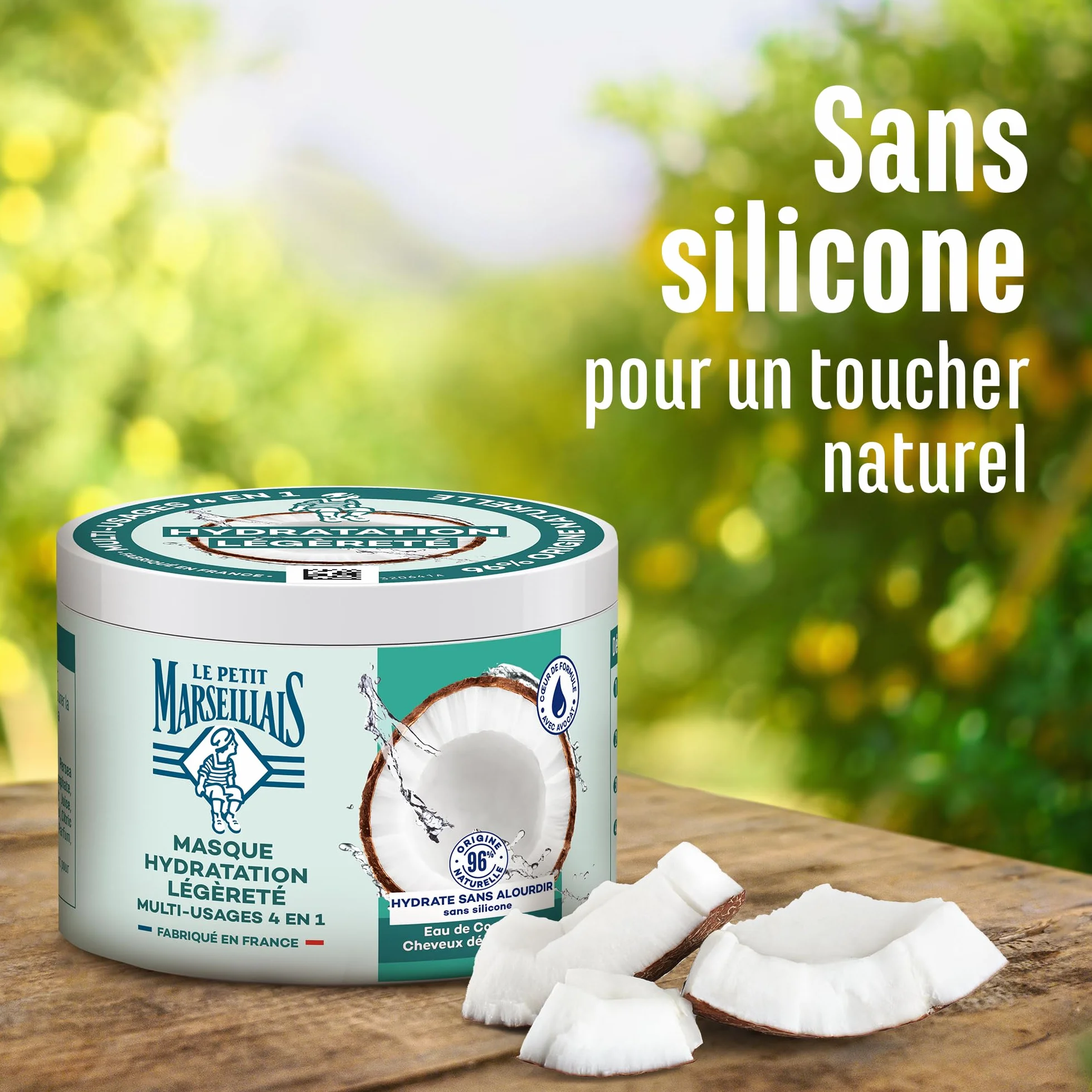 Le Petit Marseillais Masque 4 en 1 Hydratation Eau de Coco Bio 370 ml Masque Capillaire Cheveux Déshydratés