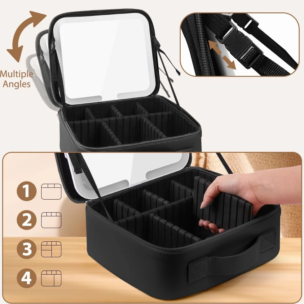 Trousse de Maquillage avec Miroir Lumière LED 3 Couleurs, Séparateurs Réglables, Voyage Portable Grande Capacité, Noir