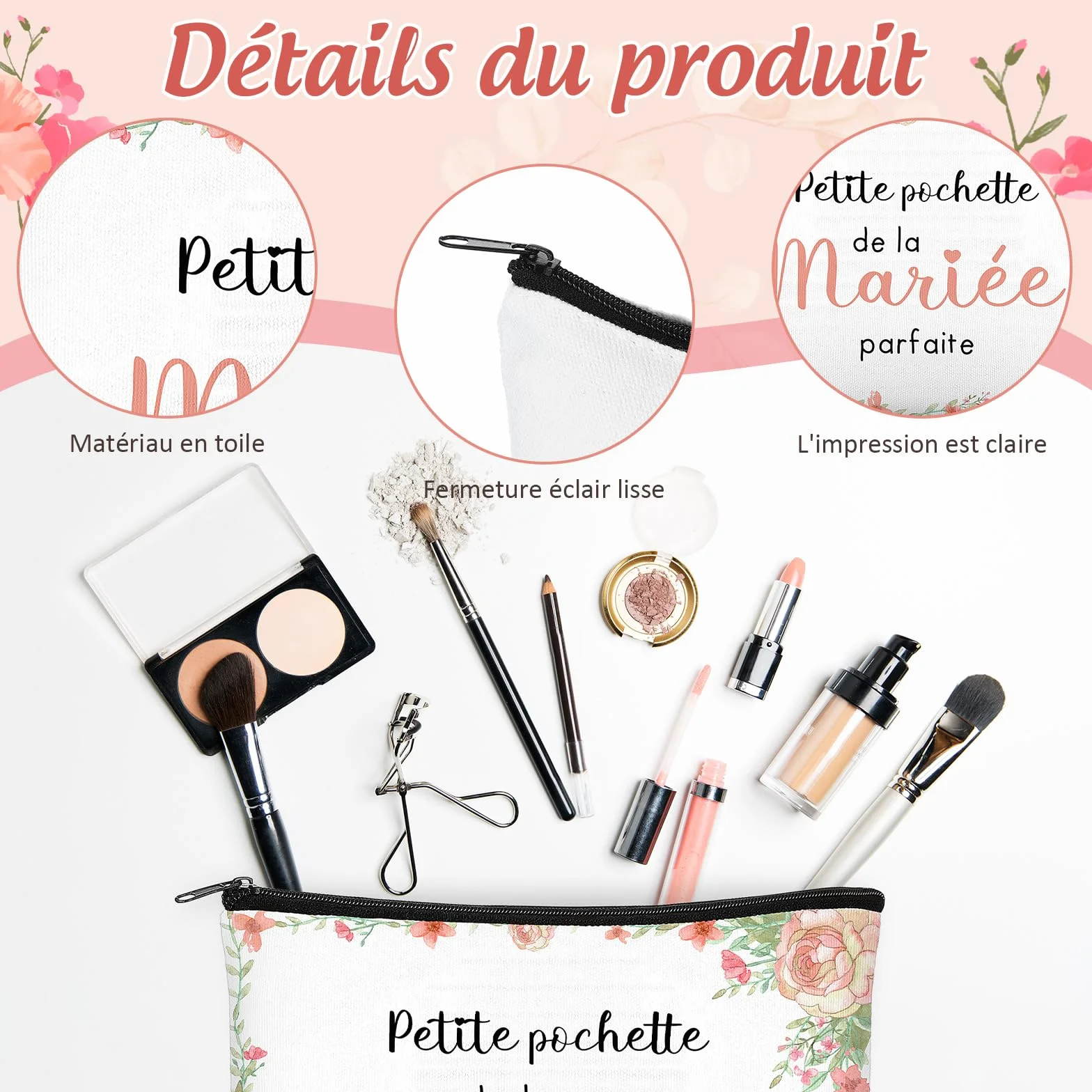 Pochette à Cosmétiques Zippée pour Mariée Trousse de Maquillage Cadeau de Mariage