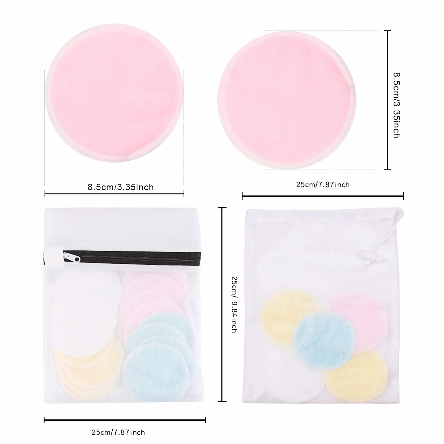 Tampons Démaquillants Fibre de Bambou Lavables 16pcs + 2 Sacs de Lavage