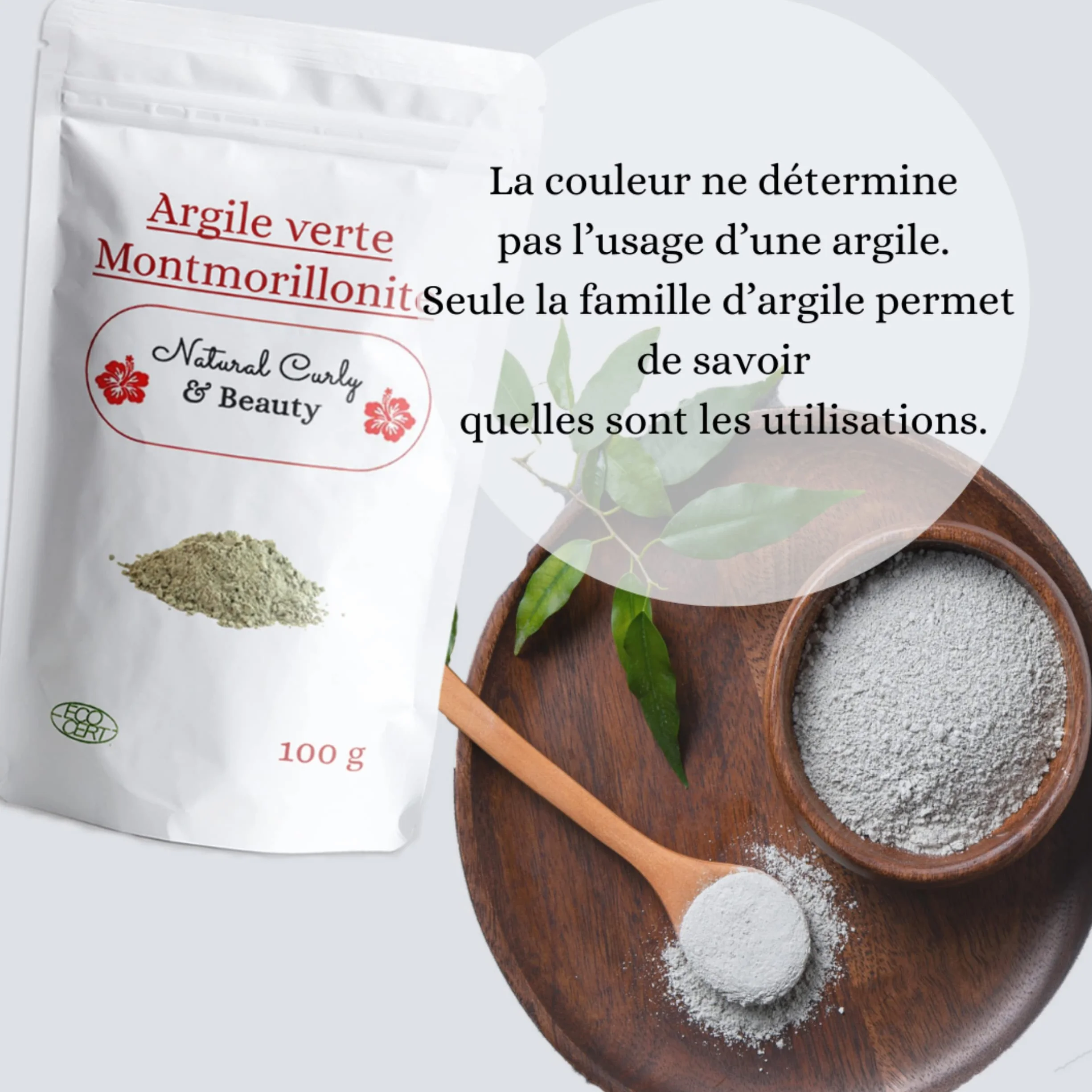 Argile verte montmorillonite ECO-CERT pinceau silicone nettoie pores hydrate adoucit peau détoxifie cheveux