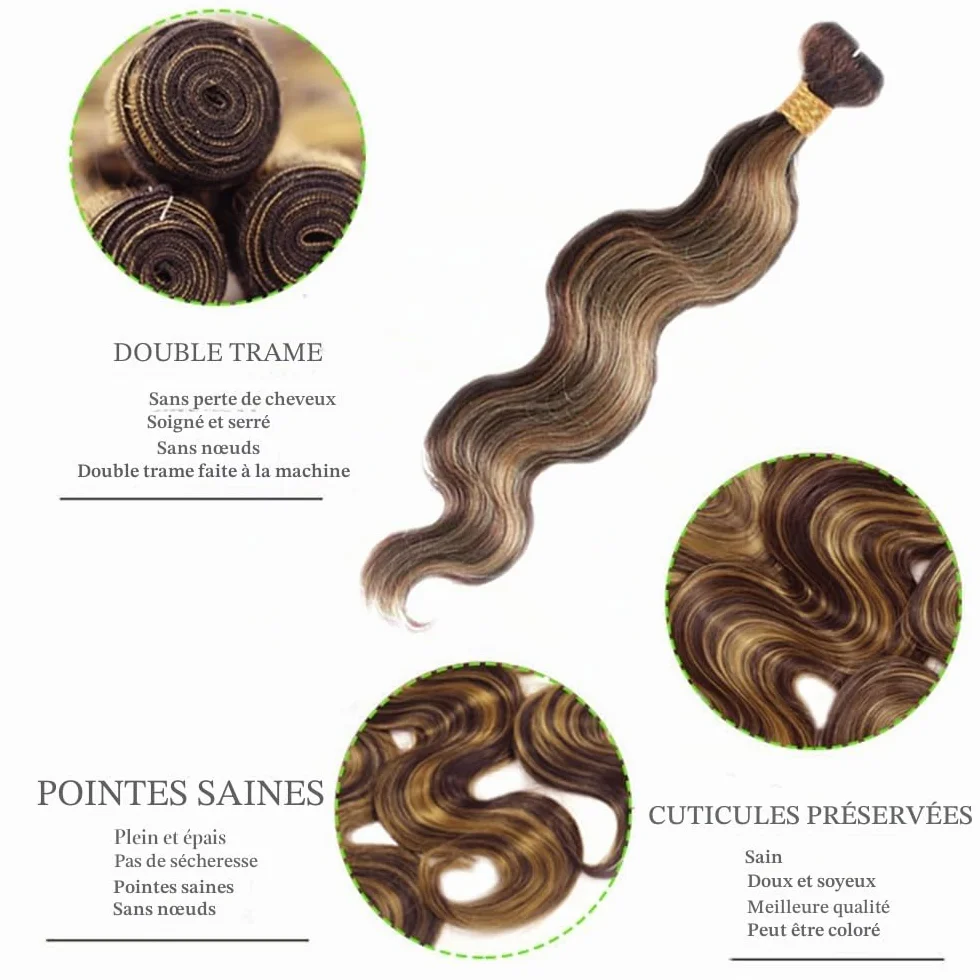 Human Hair Extensions Body Wave Human Hair Bundles Sew in Bundles P4/27 Highlight Blonde Unprocessed Virgin Cheveux Humain Minimal Smell Low Tangle for Women 1 Bundle 16 Inch