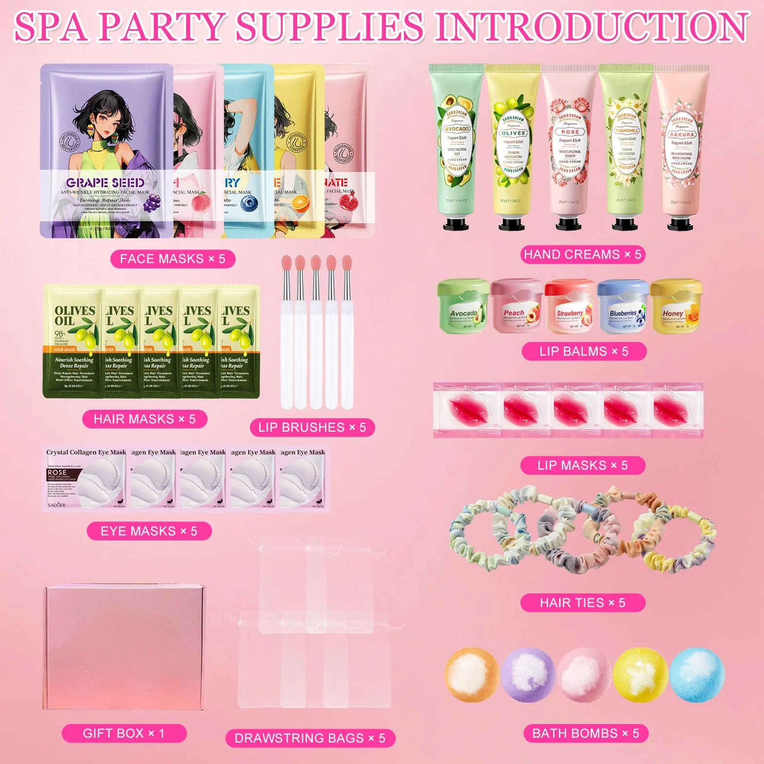 Coffret Cadeau Femme Spa 50 Pièces Bain Soins Masques Visage Patchs Yeux Crème Mains Baume Lèvres Bombes Bain Élastiques