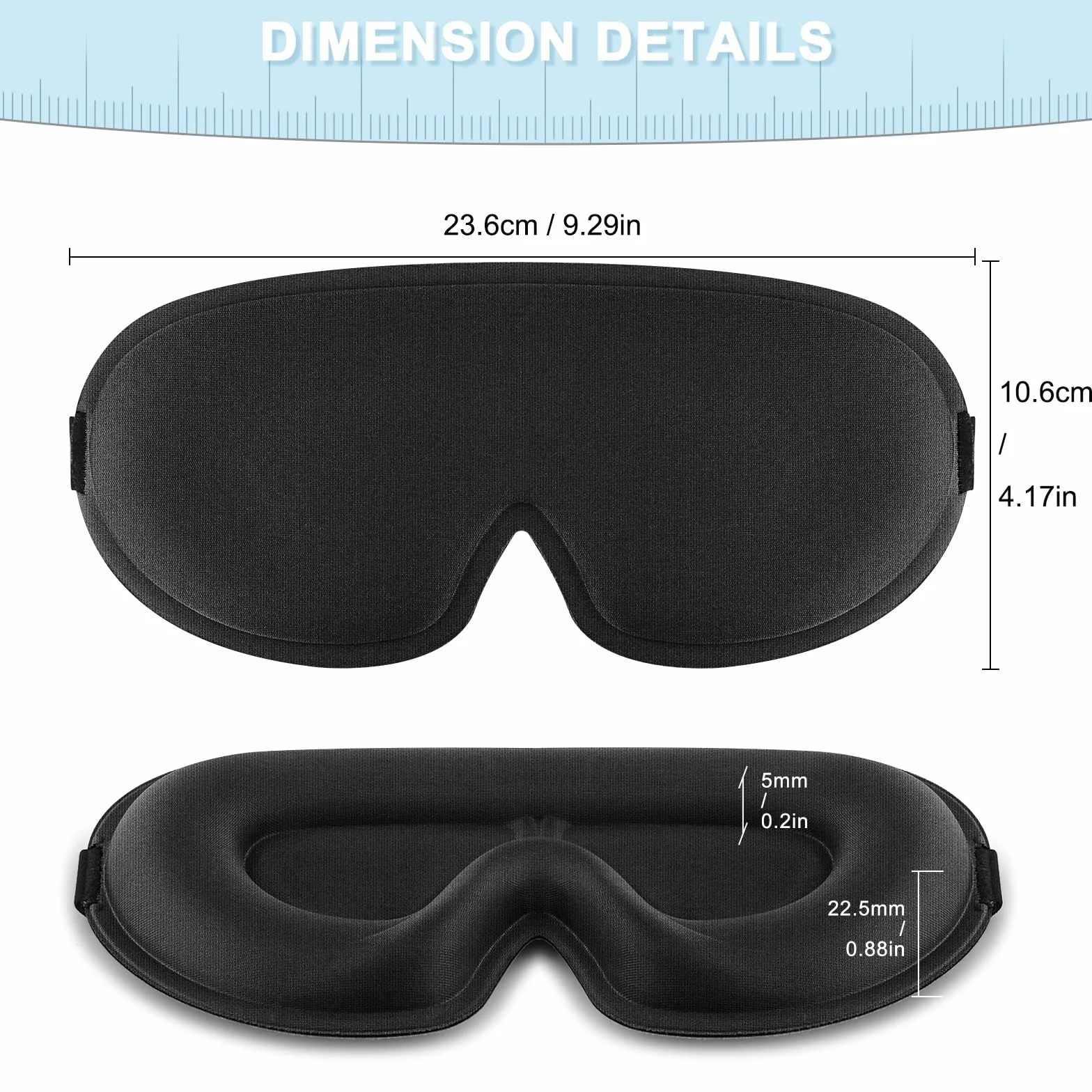 Masque de Nuit 3D Anti-Lumière Respirant, Élastiques Réglables Noir