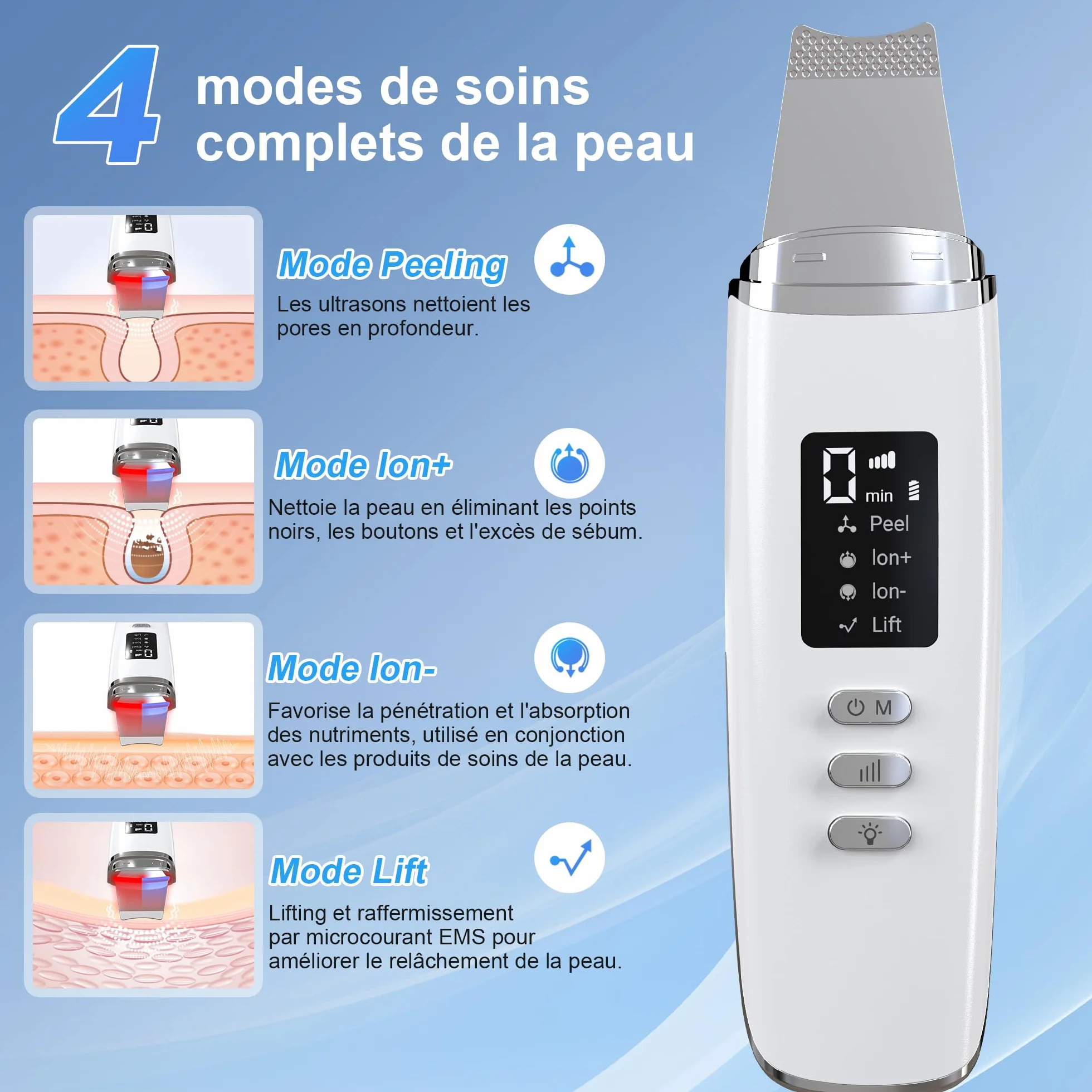 Épurateur de Peau à Ultrasons, Épurateur Visage Skin Scrubber avec 4 Modes et Intensité Réglable, Lumière Rouge et Bleue, Appareil de Nettoyage Exfoliant à Ultrasons