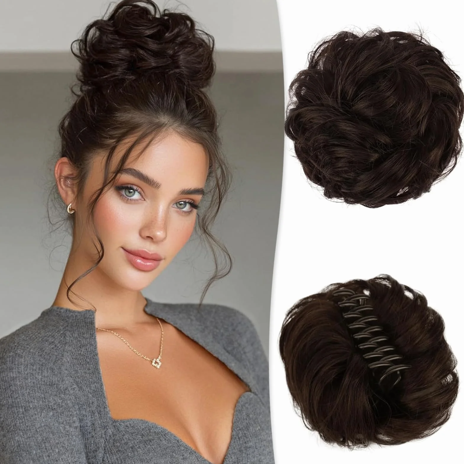 RUWISS Chignon en Cheveux Humains, 100% Cheveux Humains Ondulés Bouclés Chignon Postiche Cheveux avec Pince, Extensions de Cheveux Naturels à Clips Messy Bun - 40g Brun Foncé et Brun Clair